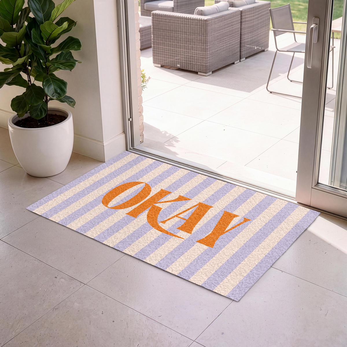 FUSSMATTE Lila – Orange – Streifen – Okay 120x80 cm - Flieder, Kunststoff (120/0.4cm) - MuchoWow