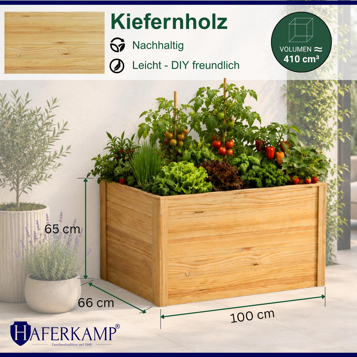HOCHBEET HARZ aus Holz mit Schutzfolie 65x100x66 cm Außenbereich Natur Holz - Naturfarben, Holz (100/65/66cm)