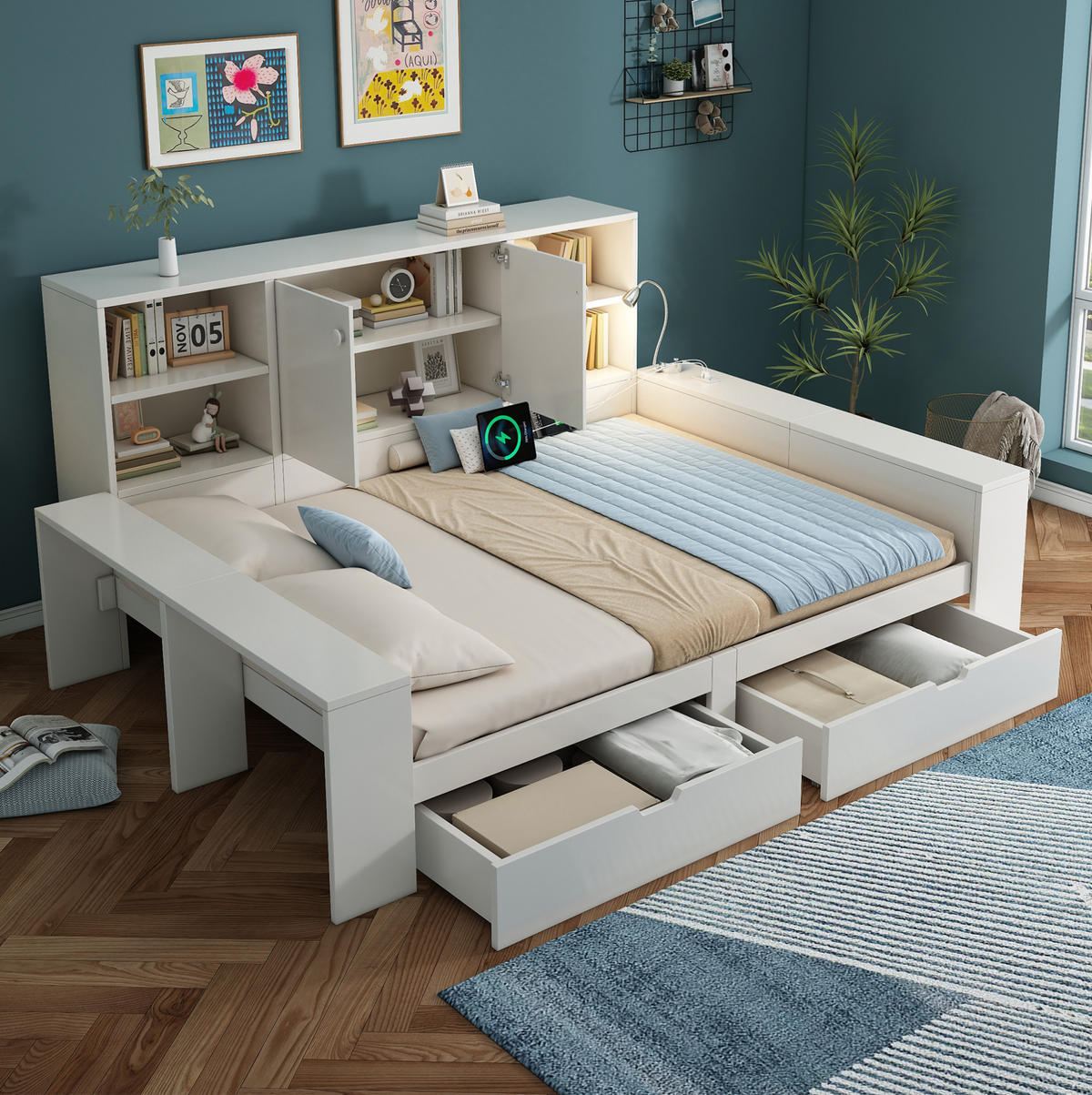 JUGENDBETT Stauraumbett 140/200 cm aus MDF und Sperrholz mit USB-Anschlüssen und Schubladen Weiß - Weiß, Holzwerkstoff (140/200cm) - Modenvie