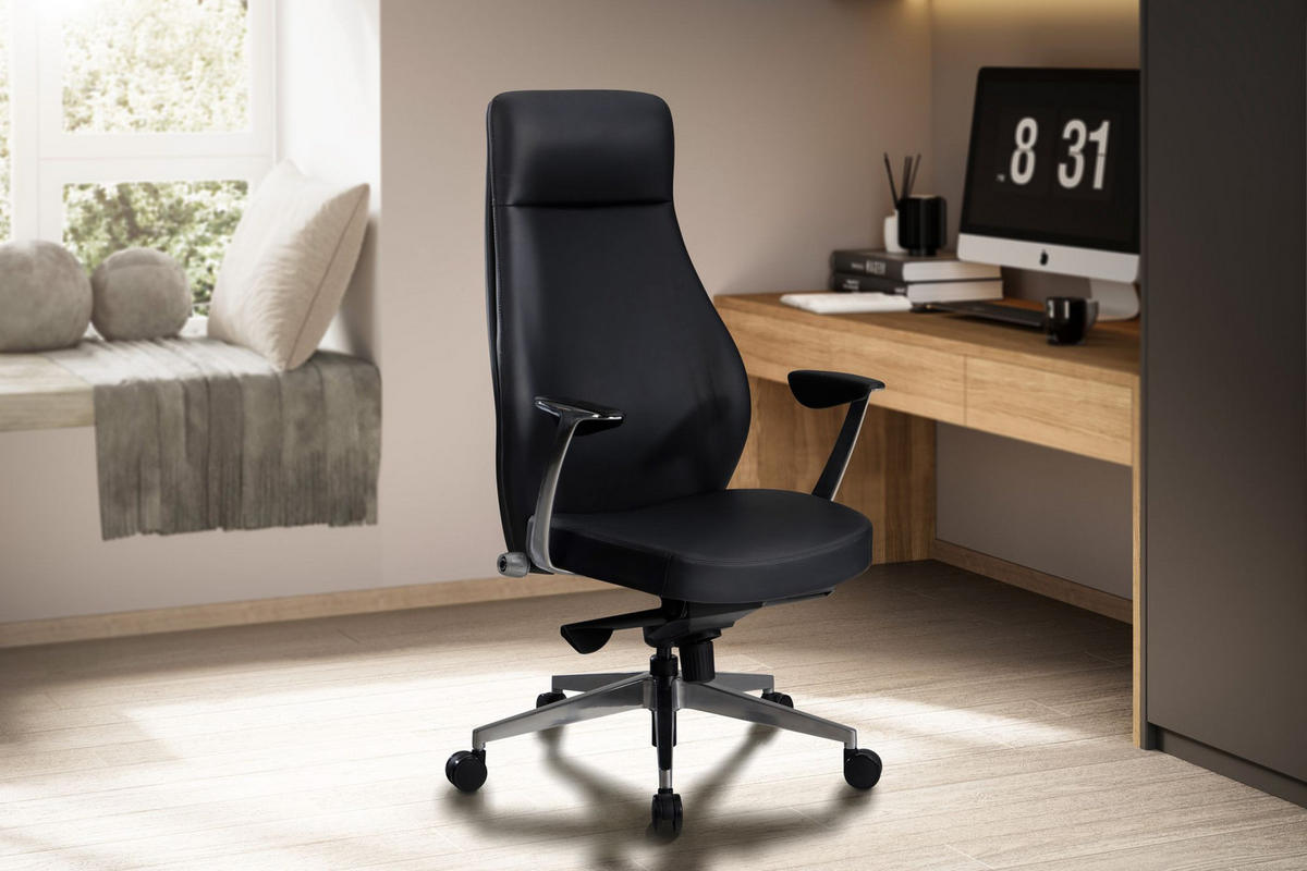 BÜROSTUHL Kunstleder bis 120 kg mit Wippmechanik, Armlehnen und hoher Rückenlehne, Schwarz 74x74x125 cm - Silberfarben/Schwarz, Textil/Metall (74/125/74cm) - KADIMA DESIGN