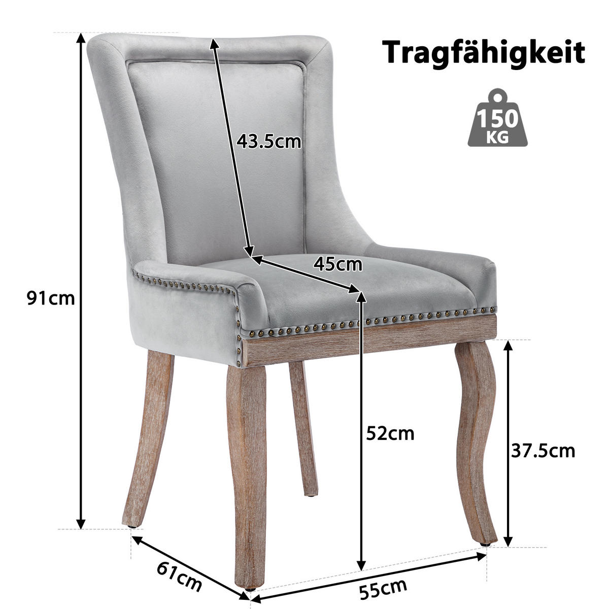 STUHL-SET DE-35921 2 Stück mit Nagelkopfbesatz Grau - Grau, Holz (61/91/55cm) - ComfortXL