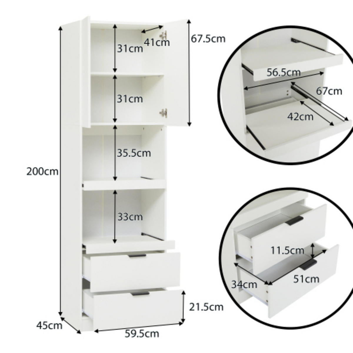 KÜCHENHOCHSCHRANK weiß aus Spanplatte und MDF mit Flügeltür & Schubladen 59,5 × 45 × 200 cm - Weiß, Holzwerkstoff (59.5/200/45cm) - Luhomfu