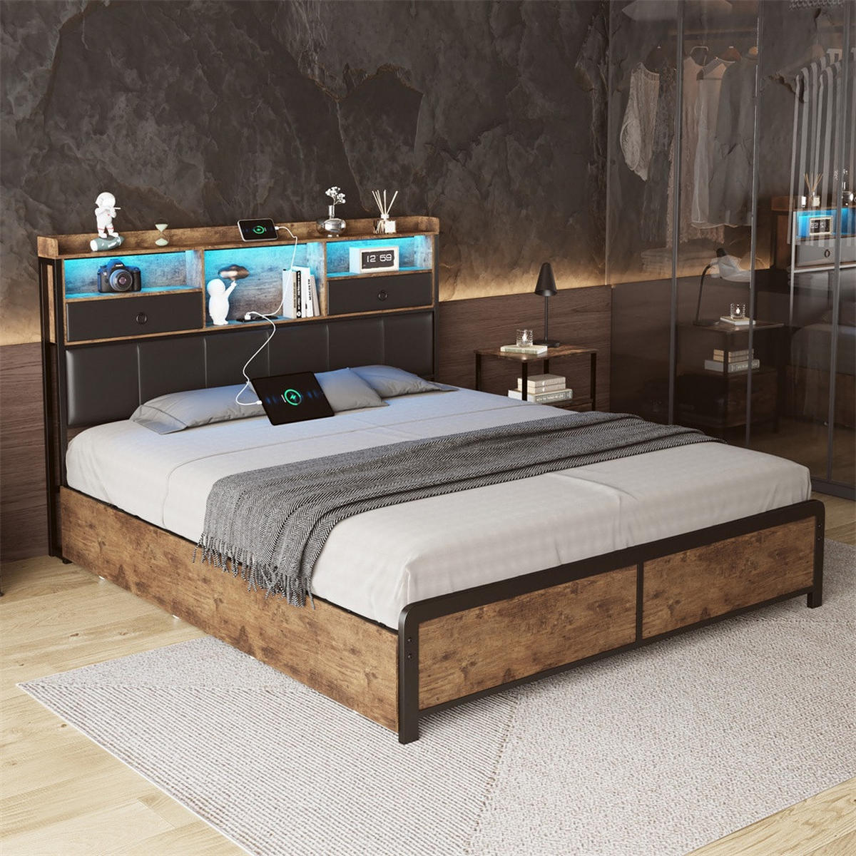 METALLBETT 160x200 cm mit 6 Schubladen - Kopfteil-Stauraum - LED Beleuchtung & Integrierte Ladestation - ohne Matratze - Schwarz, Metall (160/200cm) - DELFA