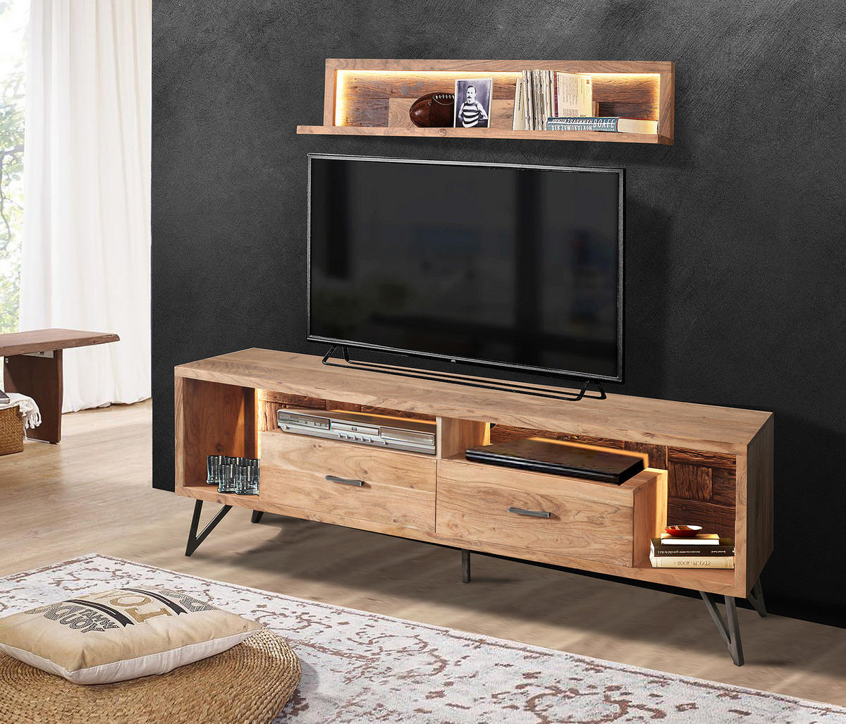 MASSIVES TV-LOWBOARD - Inkl. Beleuchtung - Akazie - Akaziefarben, Holz/Metall (175/60/40cm) - home24