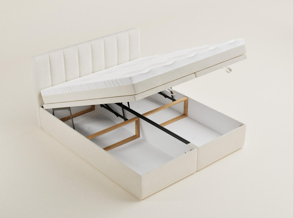 BOXBETT 160/200 cm Lovage S, in Creme, Matratze, gepolstertes Kopfteil, Bettkasten, H3 = fest - Creme/Schwarz, Holz/Holzwerkstoff (160/200cm) - Maison de Reve