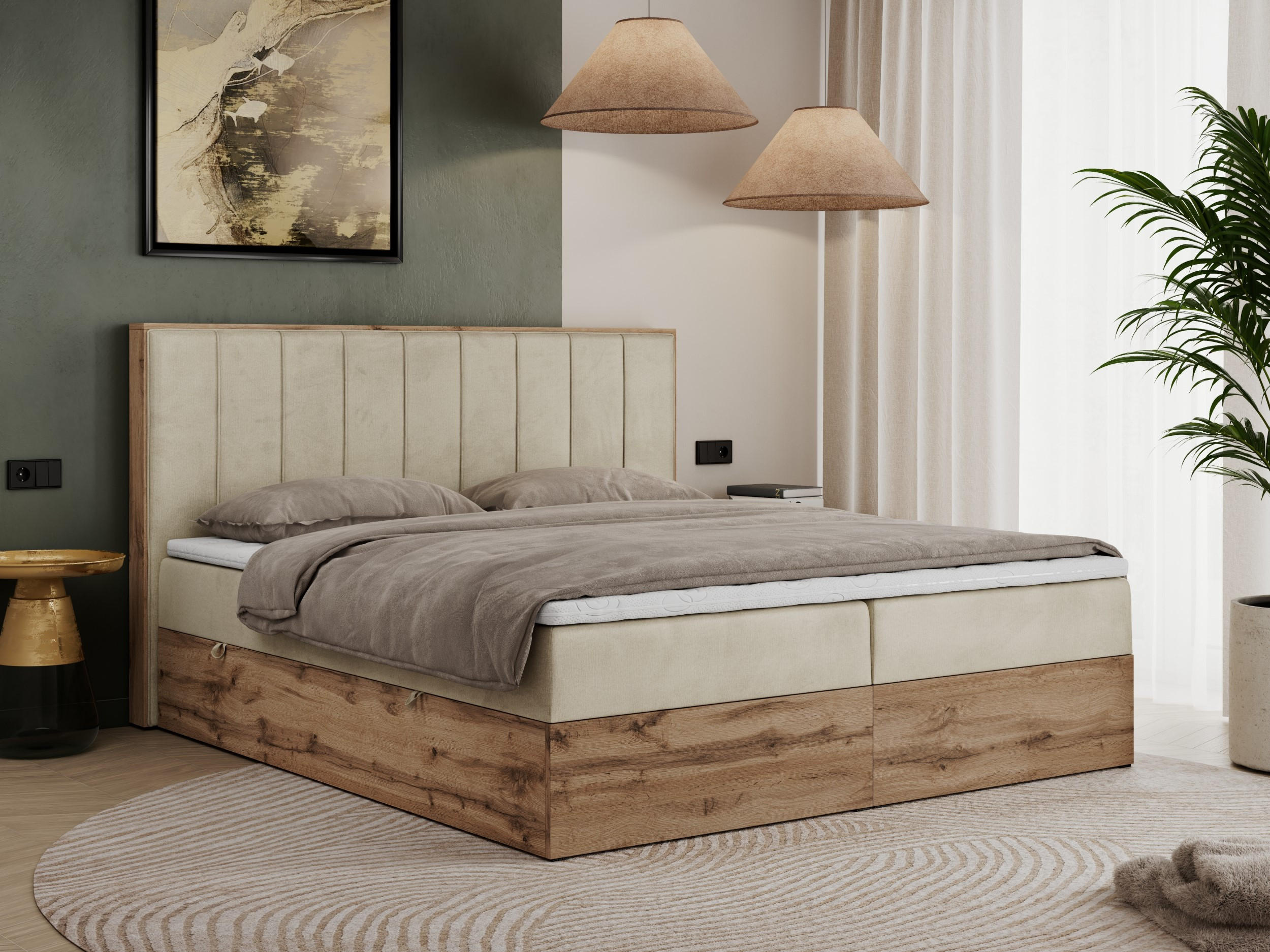 Thumbnail - MKS Boxbett, Beige, Textil, 2-Sitzer, H4, Rechteckig, 180x200 cm, Schlafzimmer, Betten, Boxspringbetten