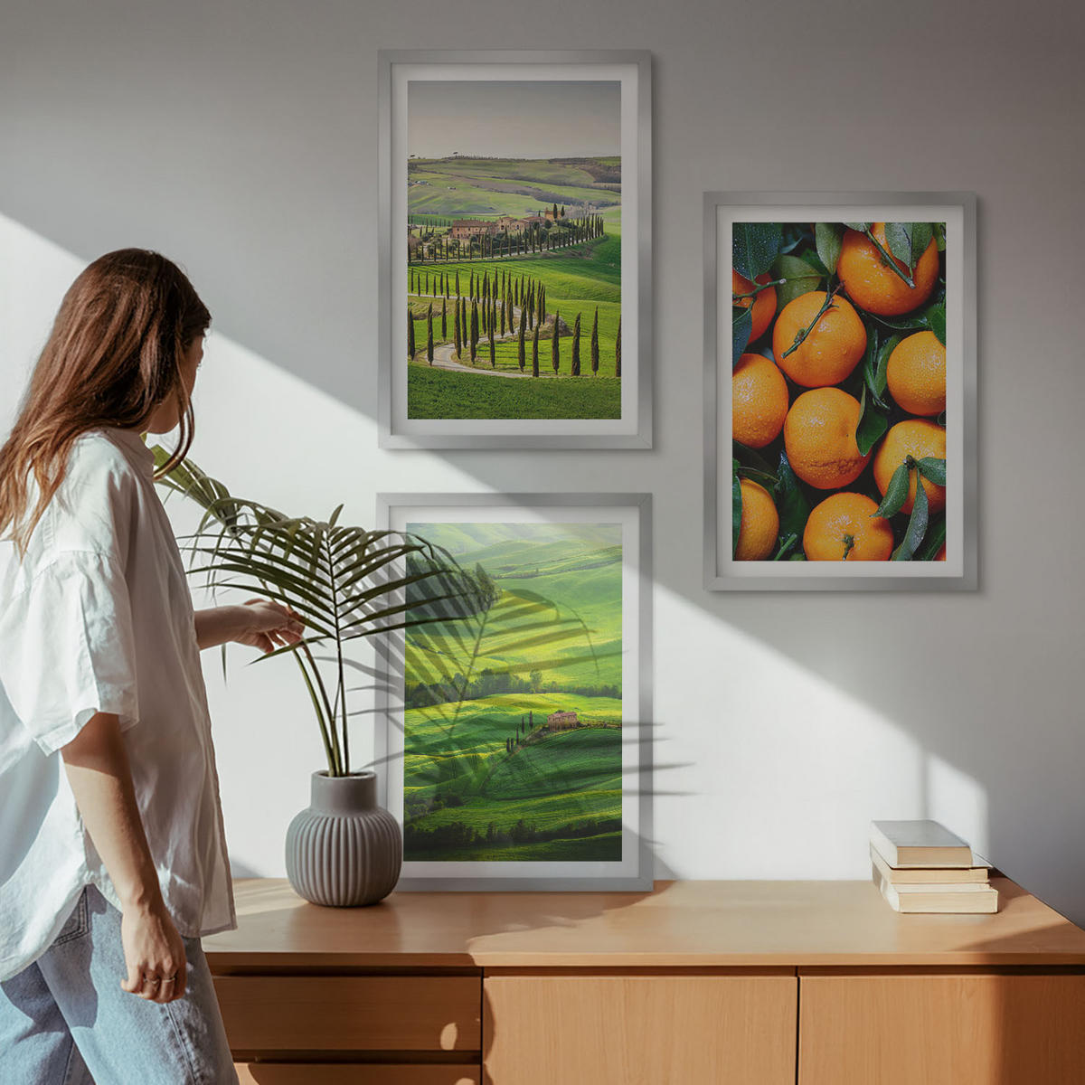 BILDER SET 3er Set - 40x60 cm Silberner Rahmen - Italienische Landschaft mit Orangen - Silberfarben, Kunststoff (40/60cm) - TULUP