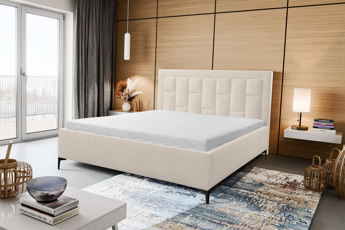POLSTERBETT VENEZIA mit Kopfteil, 180 x200 cm, Doppelbett mit Bettkasten und Lattenrost aus Strukturstoff, Velourstoff, Frabe: Beige - Beige, Holz/Kunststoff (180/200cm) - VENASI MÖBEL