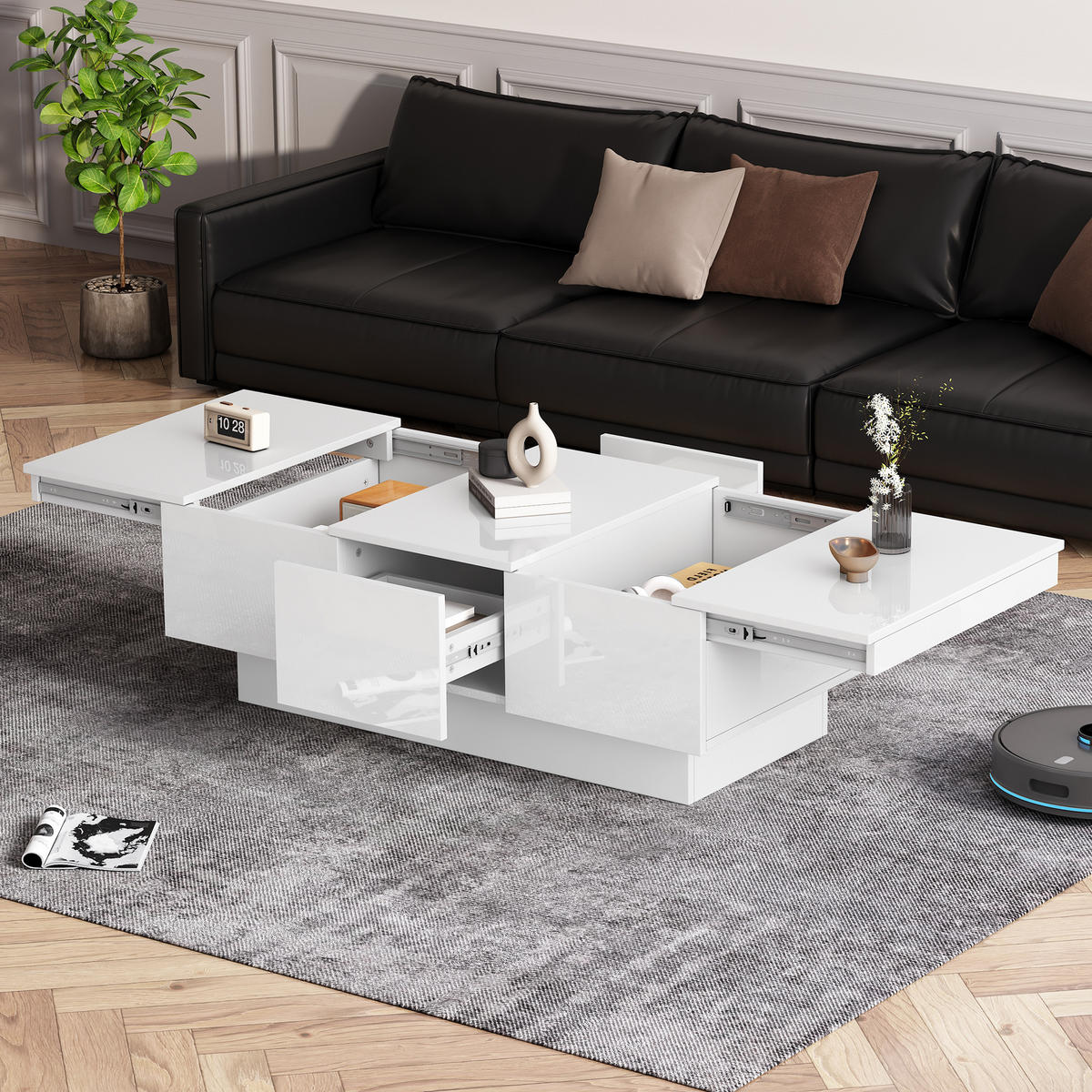 COUCHTISCH Weiß Hochglanz mit Stauraum und Schubladen - Weiß, Holzwerkstoff/Metall (55/100/35cm) - Urban Meuble