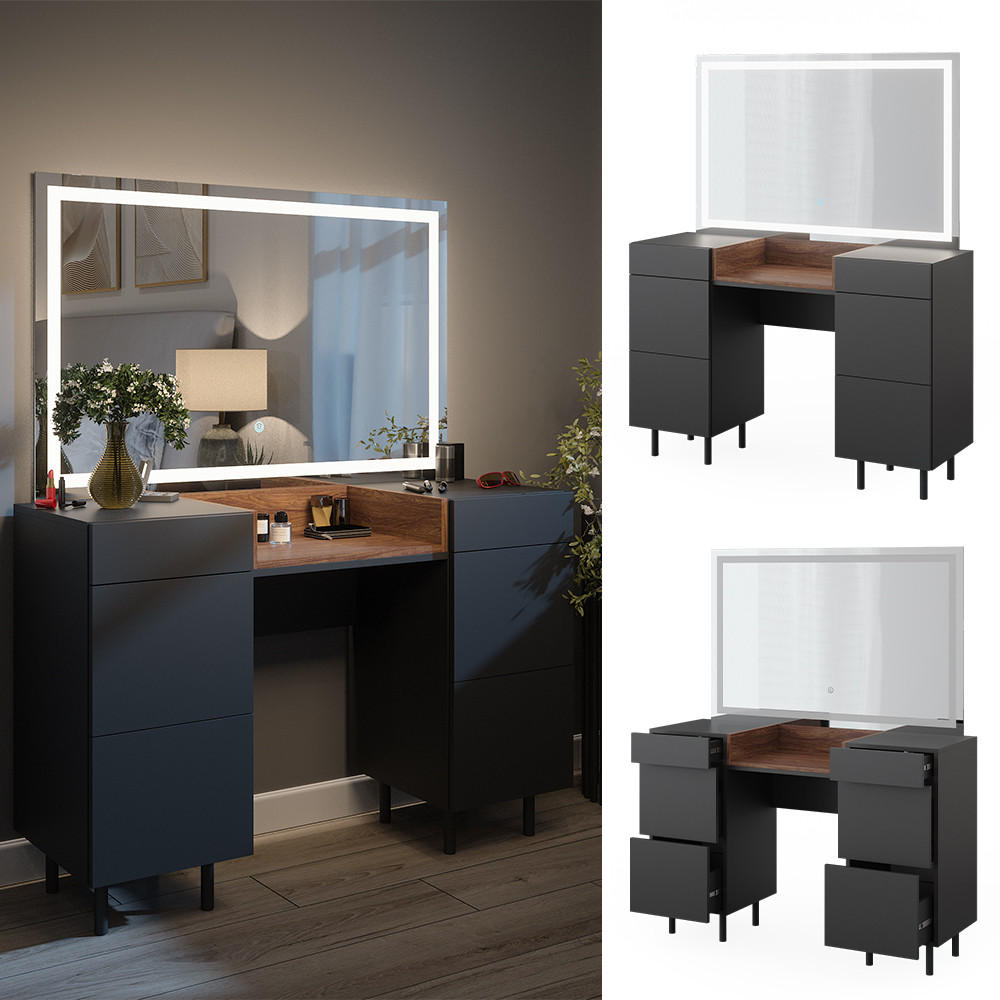 SCHMINKTISCH Anika Anthrazit 120 cm mit LED-Spiegel - Anthrazit/Walnussfarben, Holzwerkstoff (120/80/40cm) - Vicco