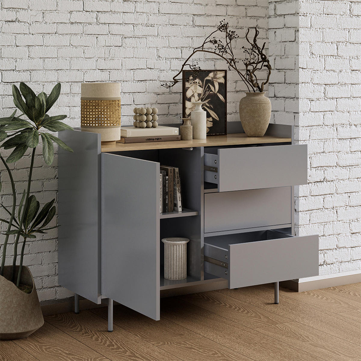 KOMMODE Velina Grau/Eiche 100 x 82 cm mit 3 Schubladen und 1 Tür - Eichefarben/Grau, Holzwerkstoff (100/82/40cm) - Vicco