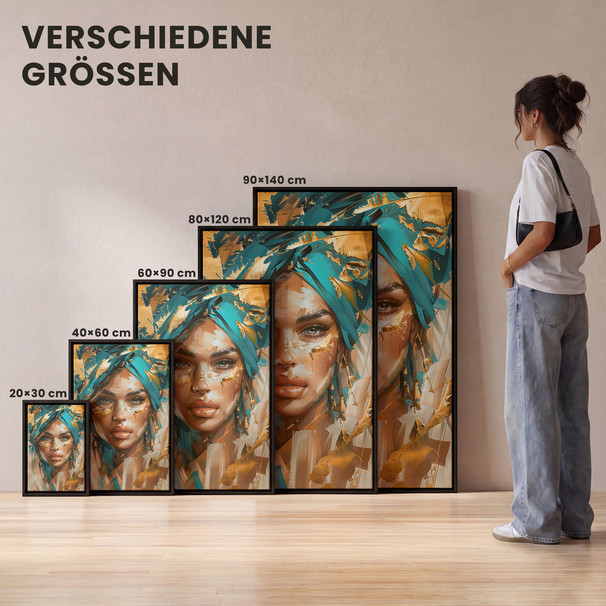 LEINWAND Bilder mit Rahmen - Frau - Porträt - Gold - Luxus - Blau - 40x60 - Türkis, Textil (40/60cm) - MuchoWow