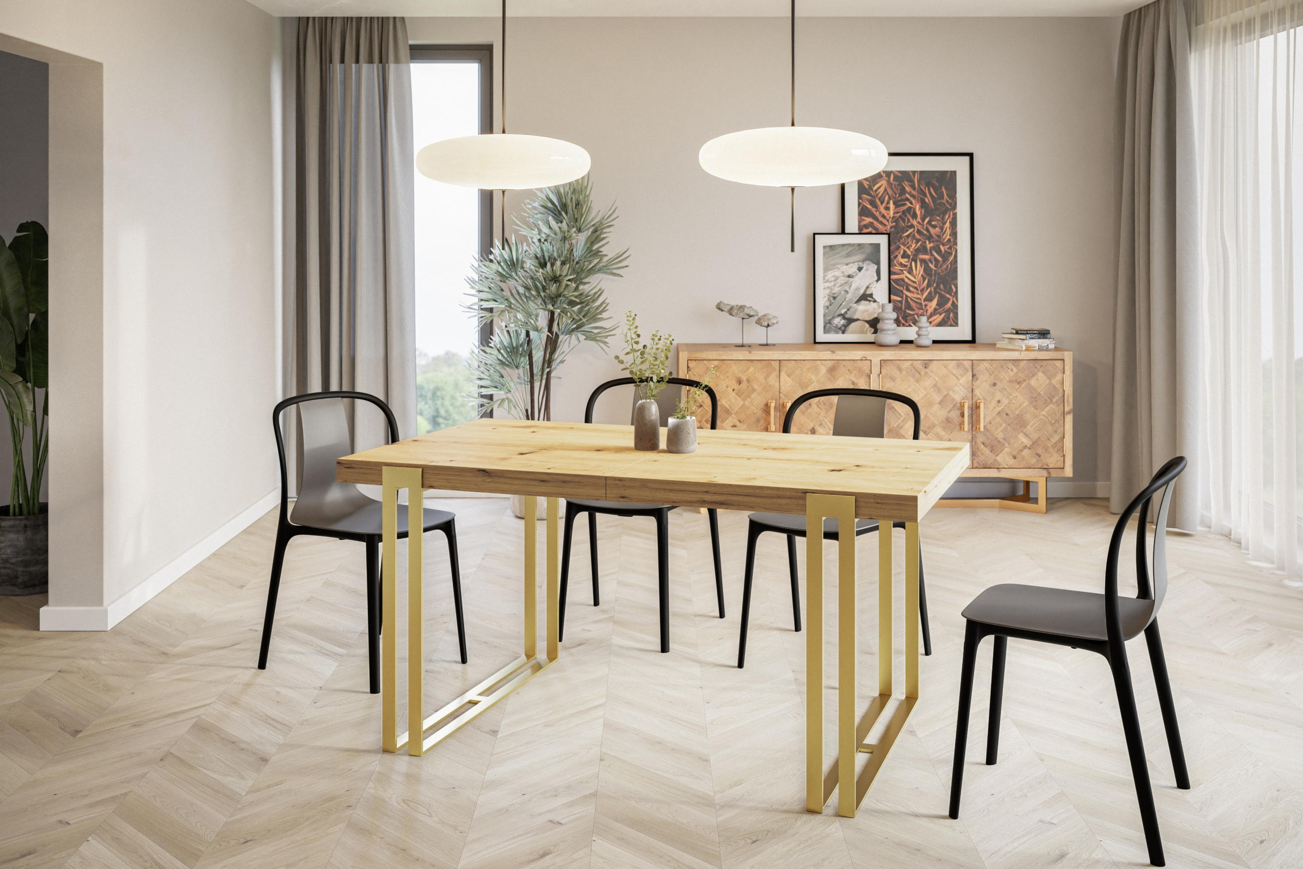 ESSZIMMERTISCH ROSA, ausziehbarer Tisch 120-220X80X77 cm, Farbe: ARTISAN, mit Metallbeinen in Farbe Gold - Hellbraun/Goldfarben, Holzwerkstoff (120/80/77cm) - Alpi-Möbel