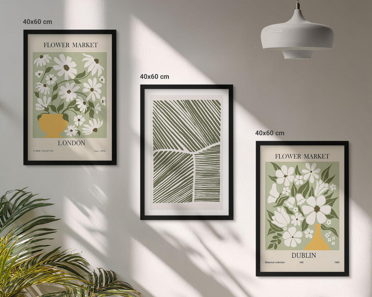 BILDER SET 3er Set - 40x60 cm Schwarzer Rahmen - Blumenmuster London Dublin - Schwarz, Kunststoff (40/60cm) - TULUP