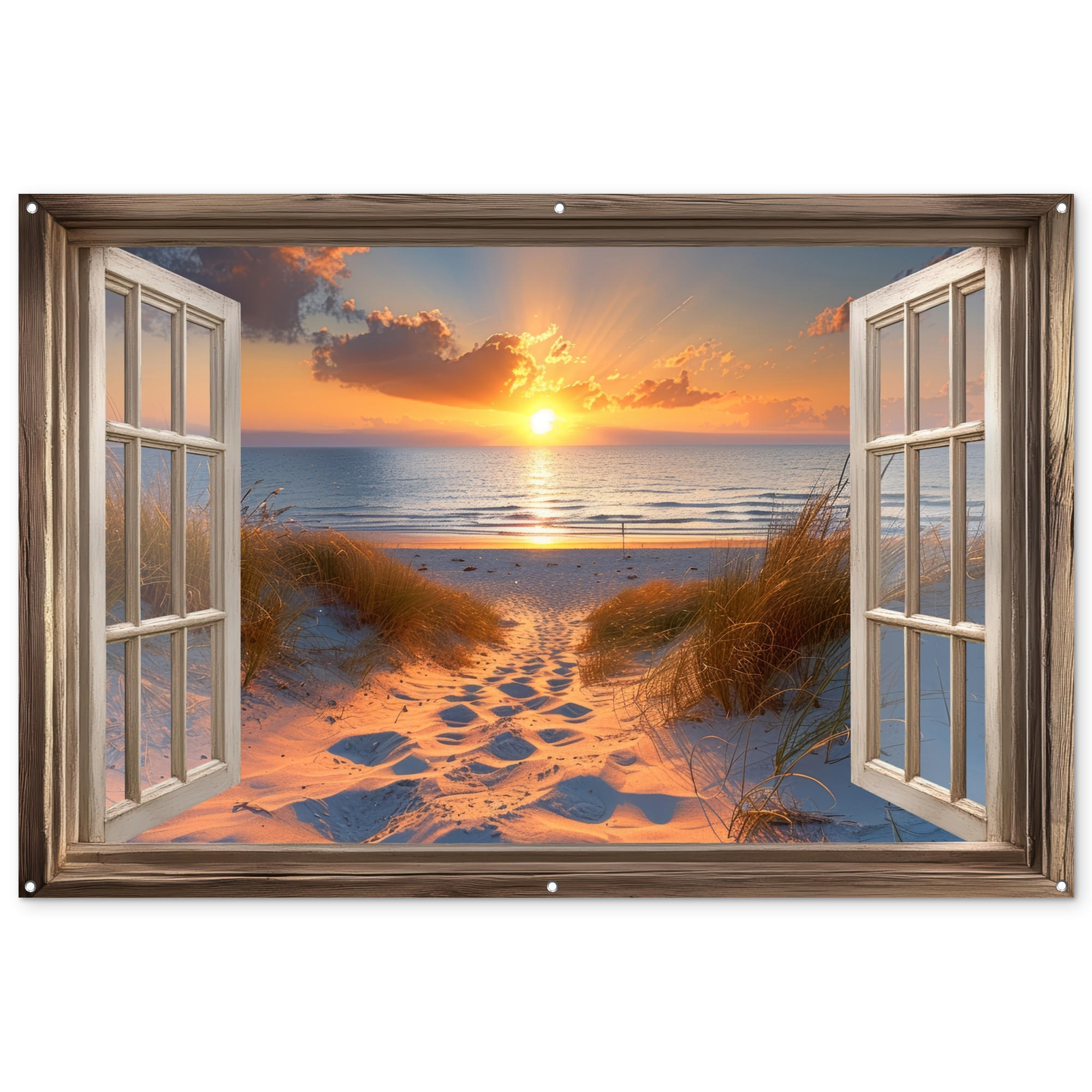 GARTENPOSTER Durchblick - Strand - Dünen - Sonnenuntergang 180x120 cm - Orange, Kunststoff (180/120/0.2cm) - OnlyWow