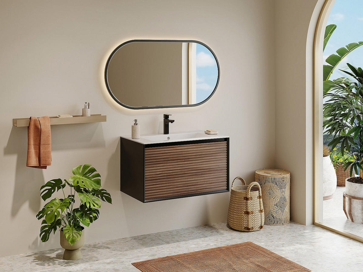 WASCHBECKENUNTERSCHRANK hängend - Streifenoptik - Holzfarben dunkel & Schwarz - 80 cm - BANIVA - Schwarz, Holz (80/45/45.8cm) - Vente-Unique