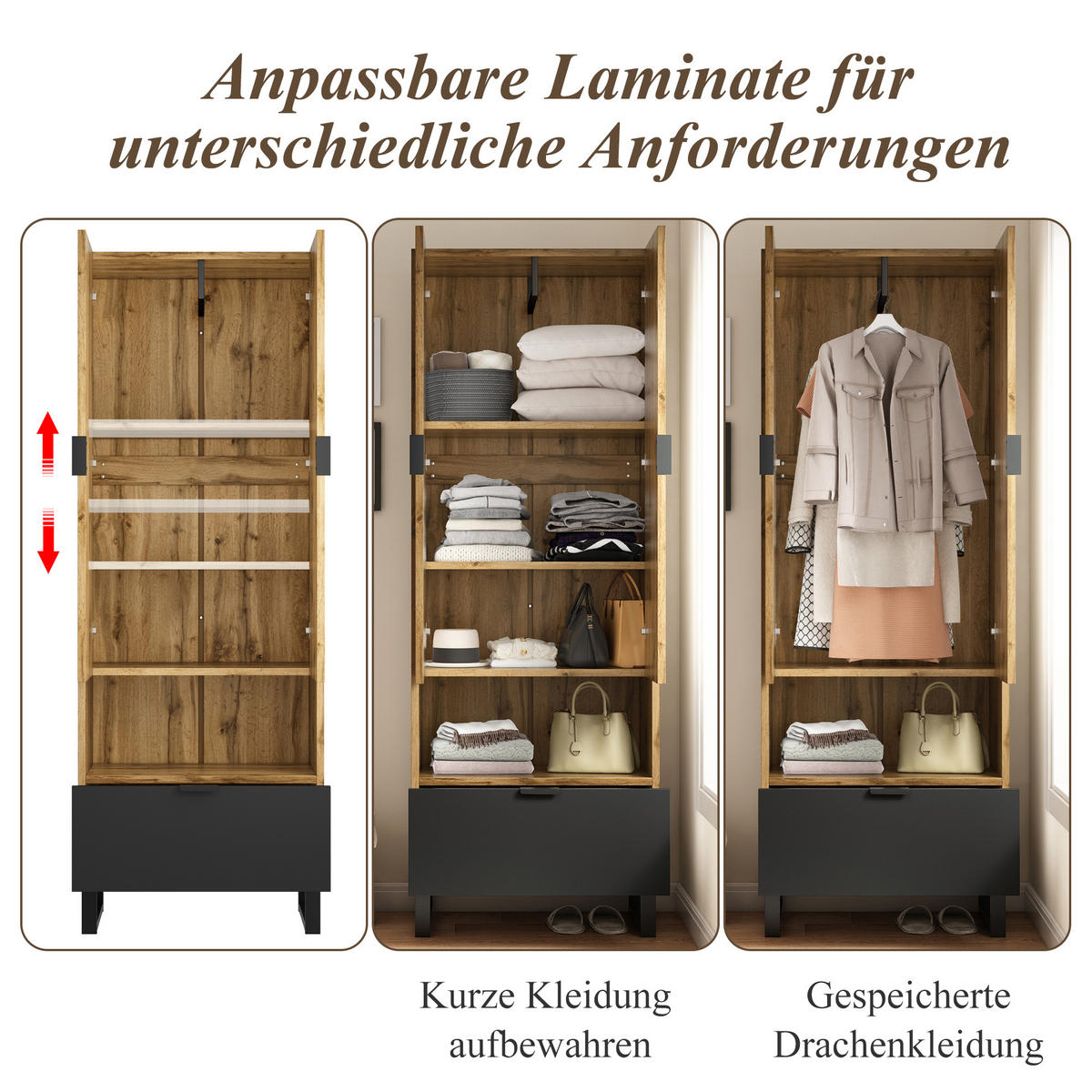 GARDEROBENSCHRANK in Schwarz und Naturfarben Garderobenschrank mit Schublade und Kleiderstange für Flur, B65/T38/H180 cm - Schwarz/Naturfarben, Holzwerkstoff/Metall (65/180/38cm) - STILVORA