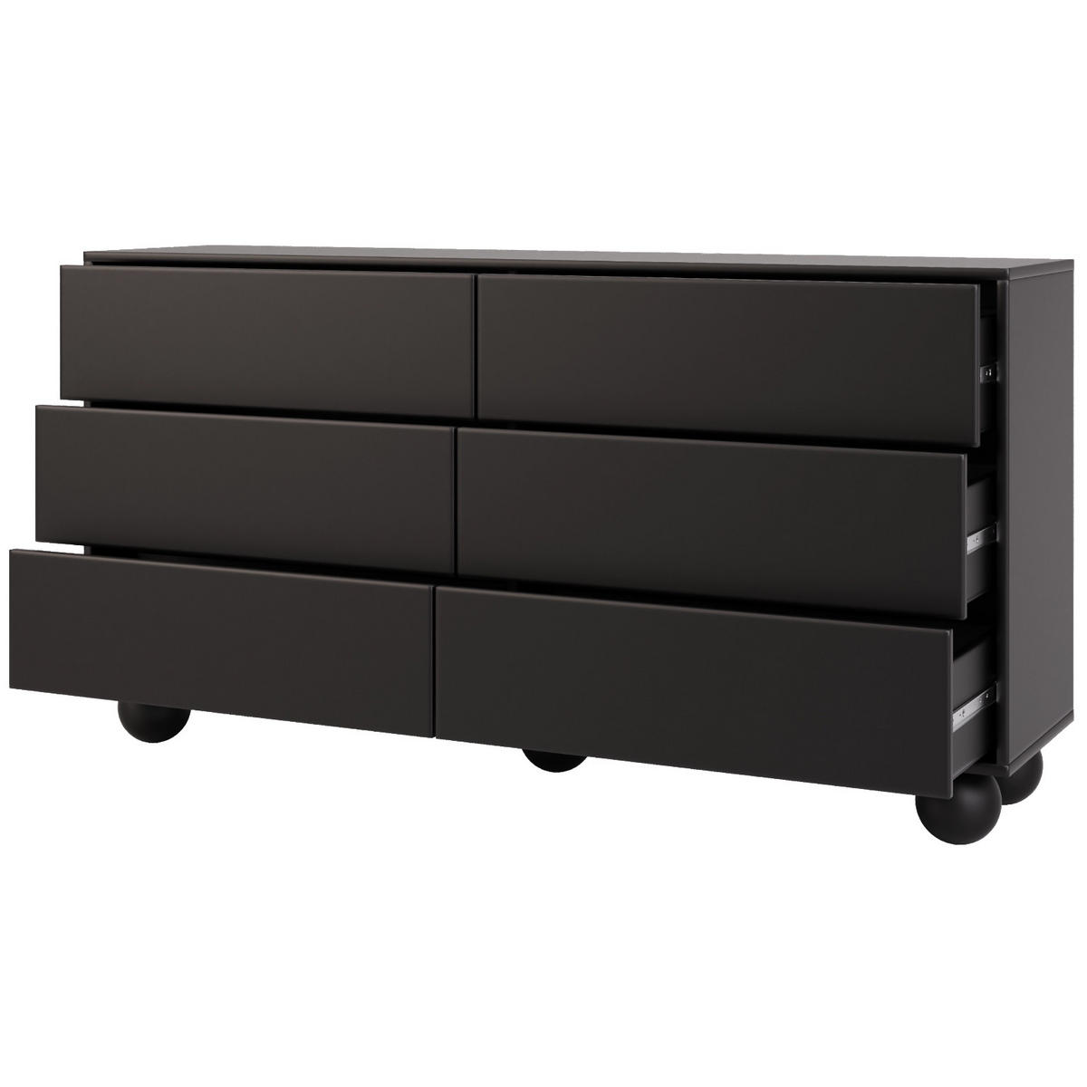 KOMODA Adel se 6 zásuvkami a kulatými nožkami, 154 cm, bezúchytková, černá - černá, kompozitní dřevo (154/81/38cm) - Beautysofa
