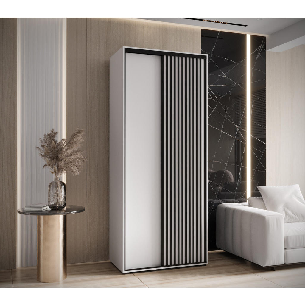 Thumbnail - Abiks Möbel Schwebetürenschrank, Weiß, Weiß, Schwarz, Metall, Nachbildung, 6 Fächer, 100x205.2x45 cm, Schlafzimmer, Klei...