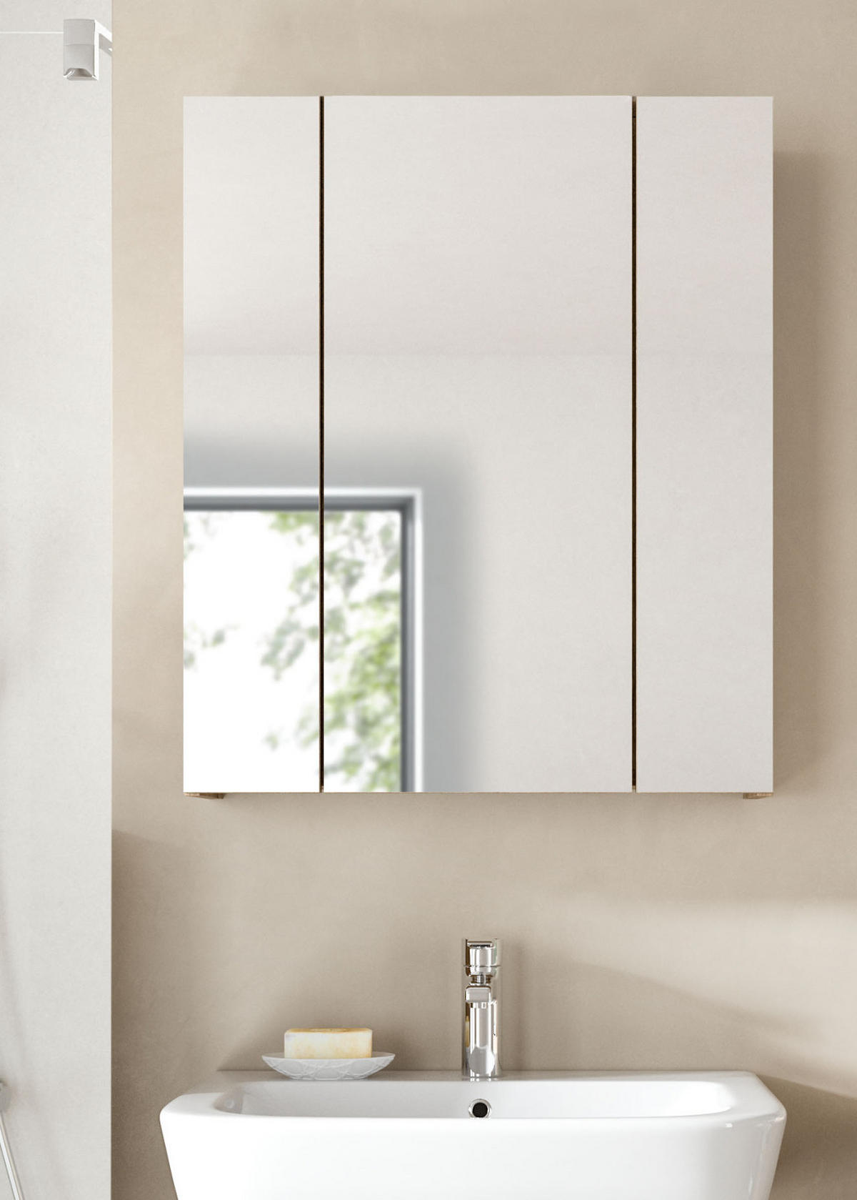 SPIEGELSCHRANK Eiche Nox, Badschrank Spiegel 3-türig / 3D, 9 Fächer 60 x 70 cm - Eichefarben, Glas/Holzwerkstoff (60/70/18cm) - Inn.Furn