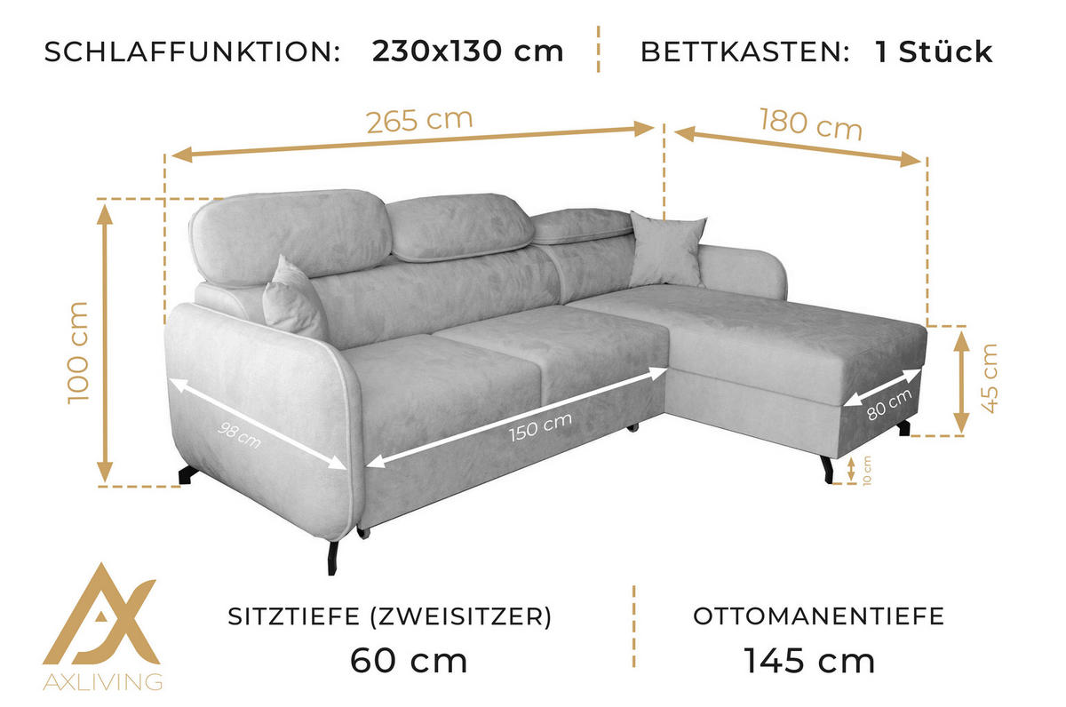 ECKSOFA L Form Ribella 5 Creme 265/180/100 cm Rechts mit Schlaffunktion - Beige/Schwarz, Textil/Metall (265/180cm) - AX Living