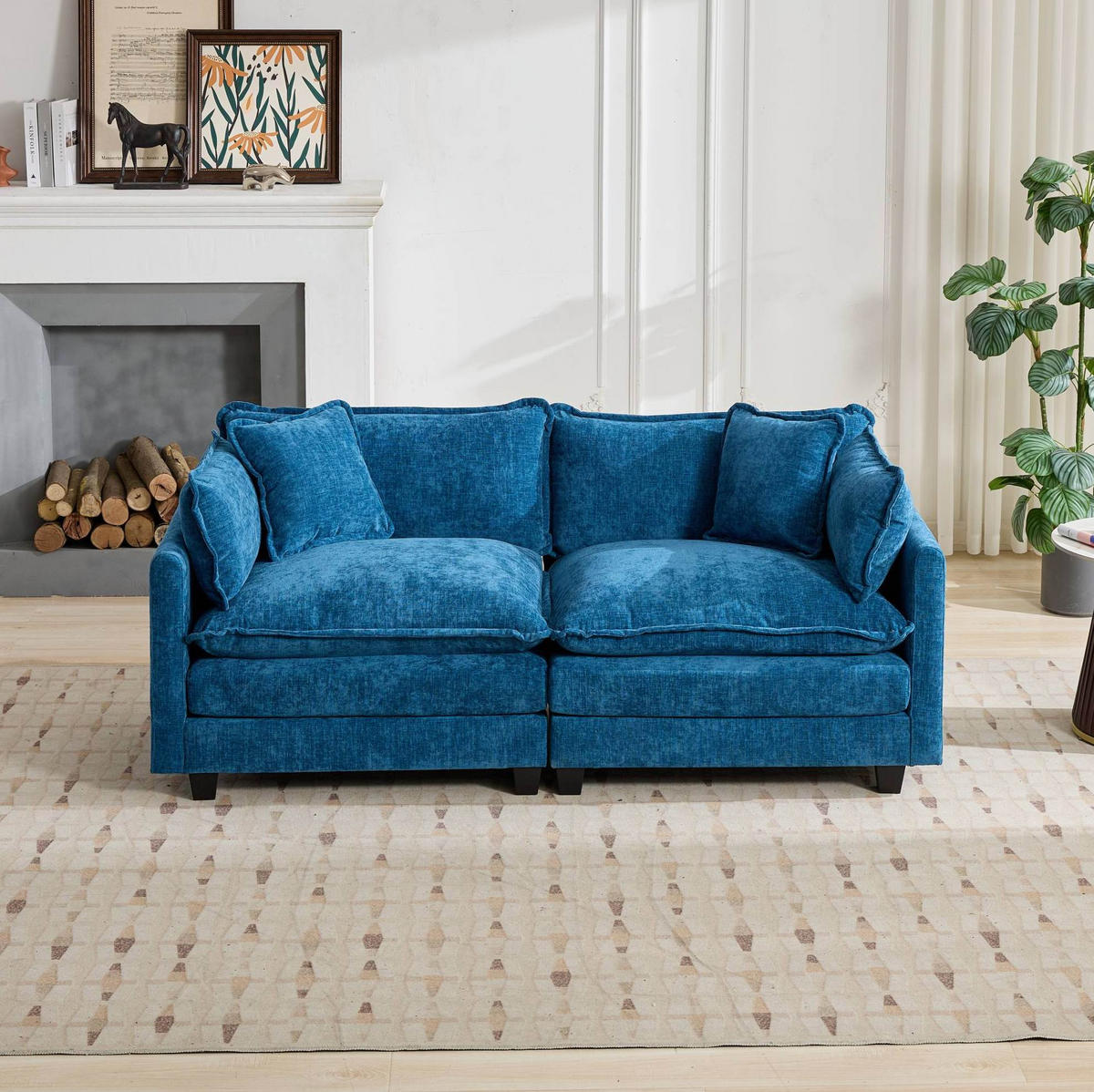 SOFA modular Chenille Blue 2-Sitzer - Blau, Holz (75/84/195cm) - Meubliv