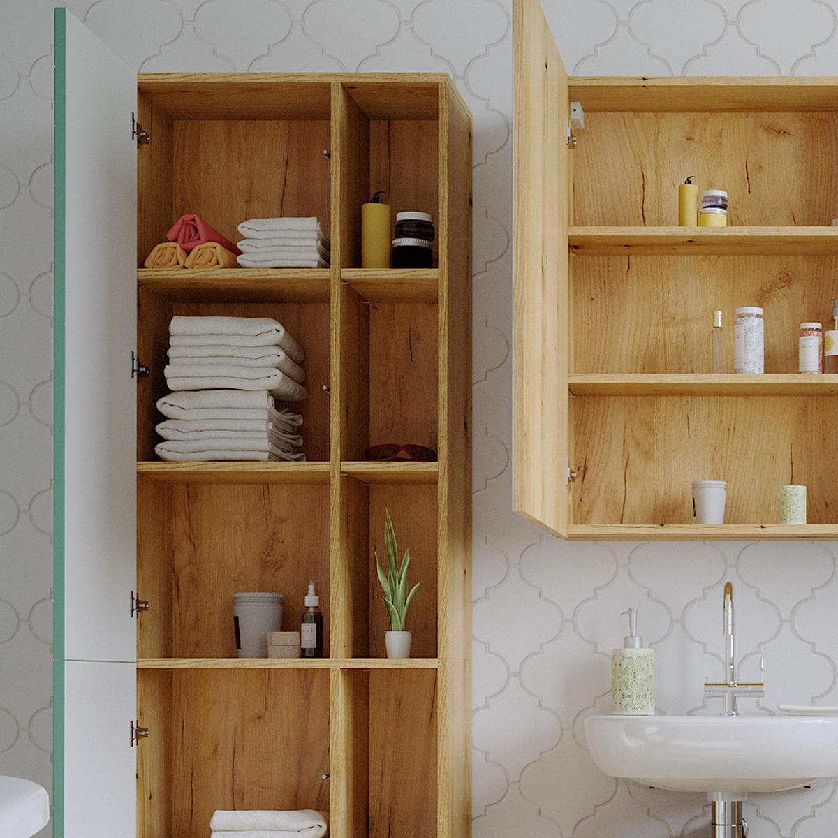 BADSCHRANK Rudi Mintgrün 56 x 193 cm mit Türen, und offenen Fächern - Mintgrün, Holzwerkstoff (56/193/30.6cm) - Vicco
