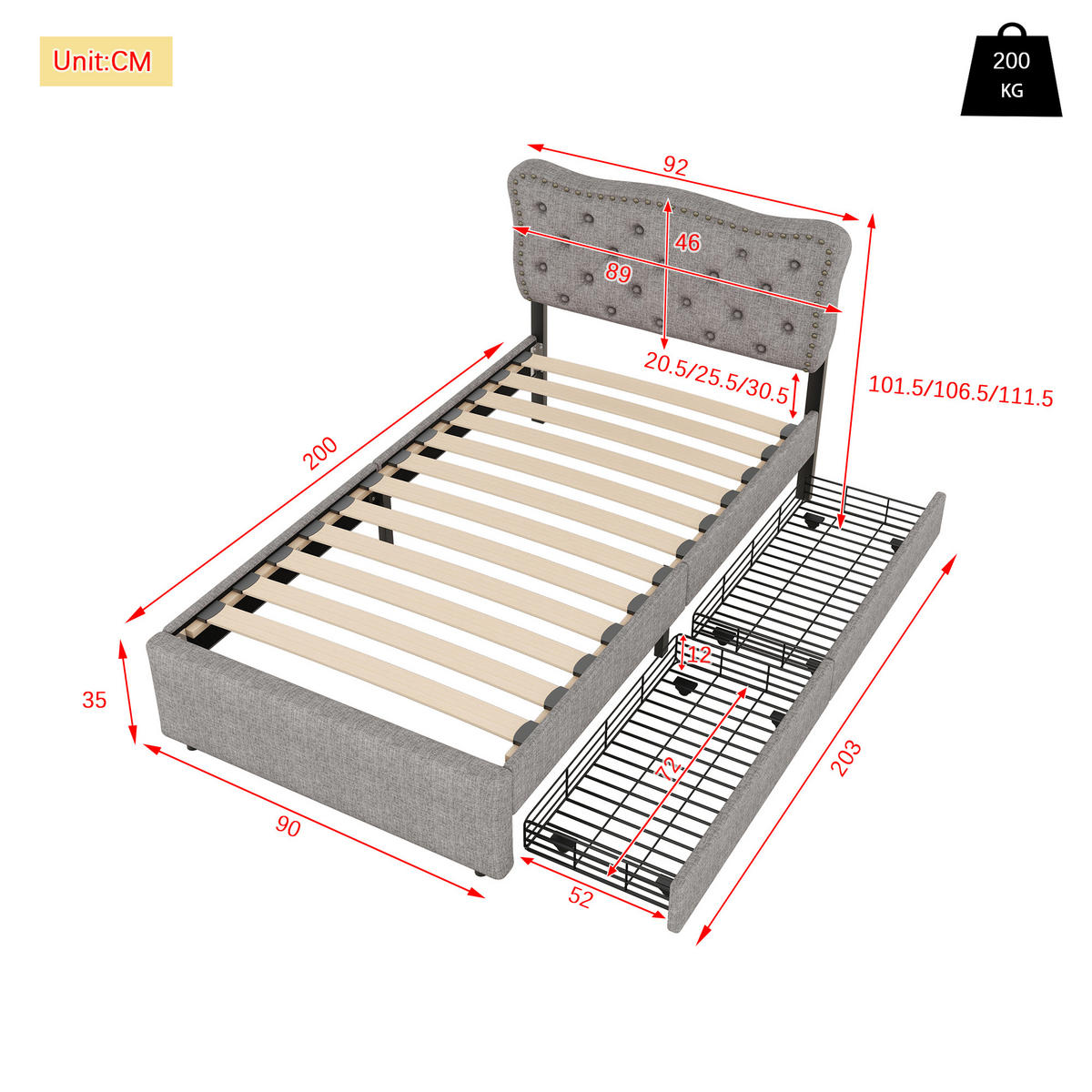 POLSTERBETT 90/200 cm grau mit Aufbewahrung und verstellbarem Nachttisch - Grau, Textil (90/200cm) - OKWISH