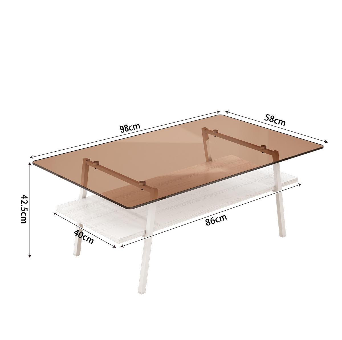 COUCHTISCH aus Hartglas 98x58x42 cm und MDF Braun-Weiß mit Metallbeinen - Braun, Holzwerkstoff (98/58/42.5cm) - IVMEU