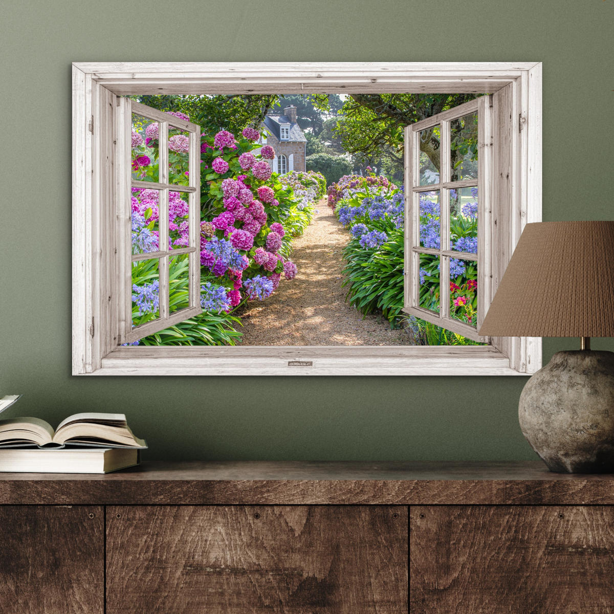 METALLBILD Hortensie - Fensterblick - Blumen - Sommer - Lila - Weg 60x40 cm - Lila, Metall (60/40cm) - MuchoWow