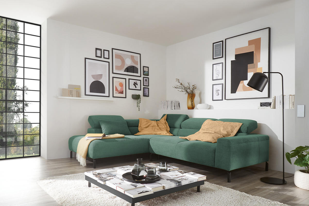 ECKSOFA MIT MOTORISCHEM SITZVORZUG DELIA Smaragdgrün Cord - Smaragdgrün/Schwarz, Textil/Metall (276/219cm) - KAWOLA