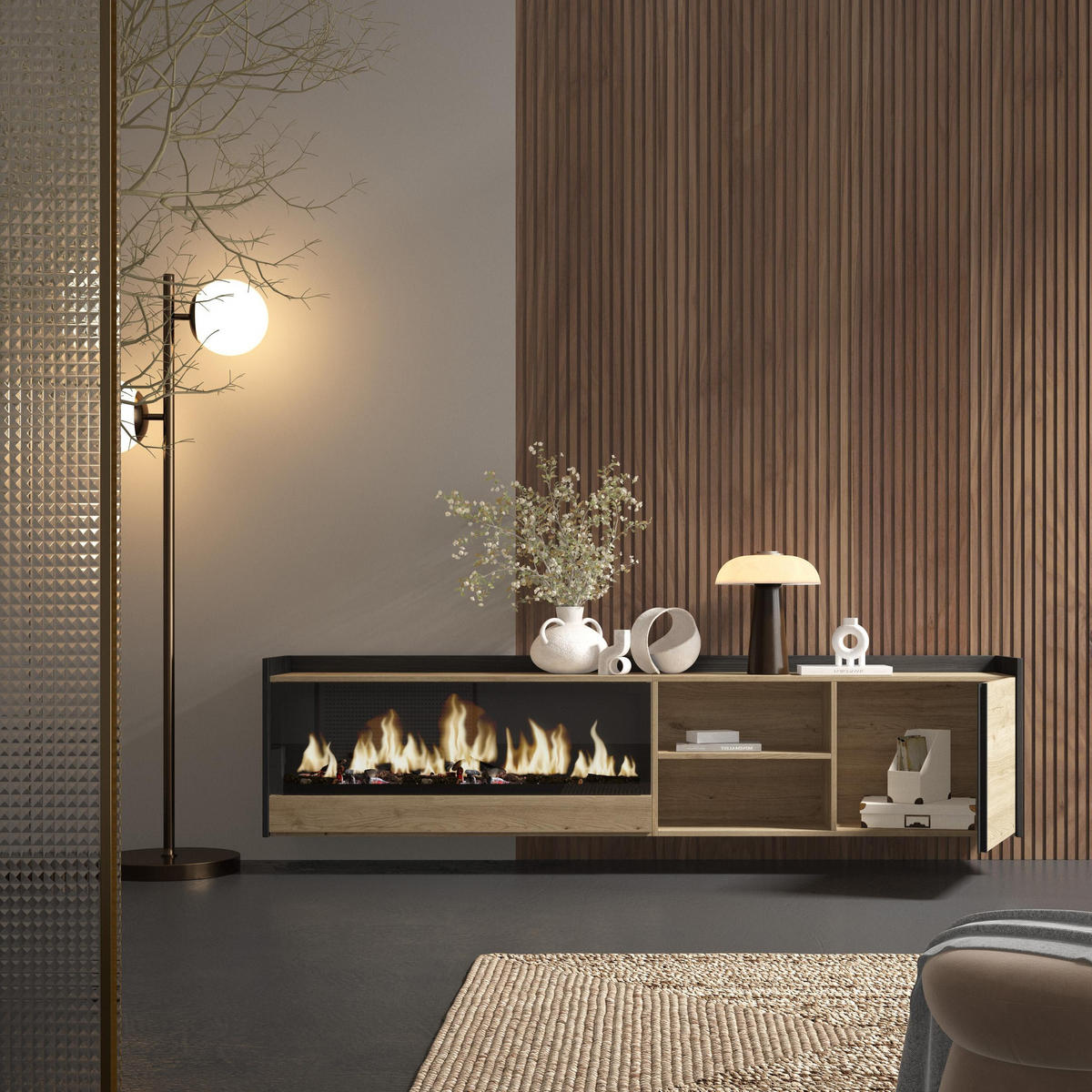 LOWBOARD, Eiche und Schwarz, 212/35/50cm, Kamin mit Feuereffekt XXL - Eichefarben, Holzwerkstoff (212/50/35cm) - Skraut Home