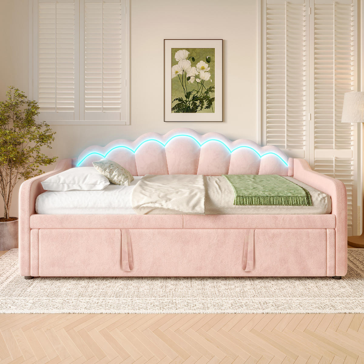 BETT 90/200/180/200 cm Pink aus Samt mit Bett und LED-Lichtleiste - Rosa, Textil (90/200cm) - OKMYHOME