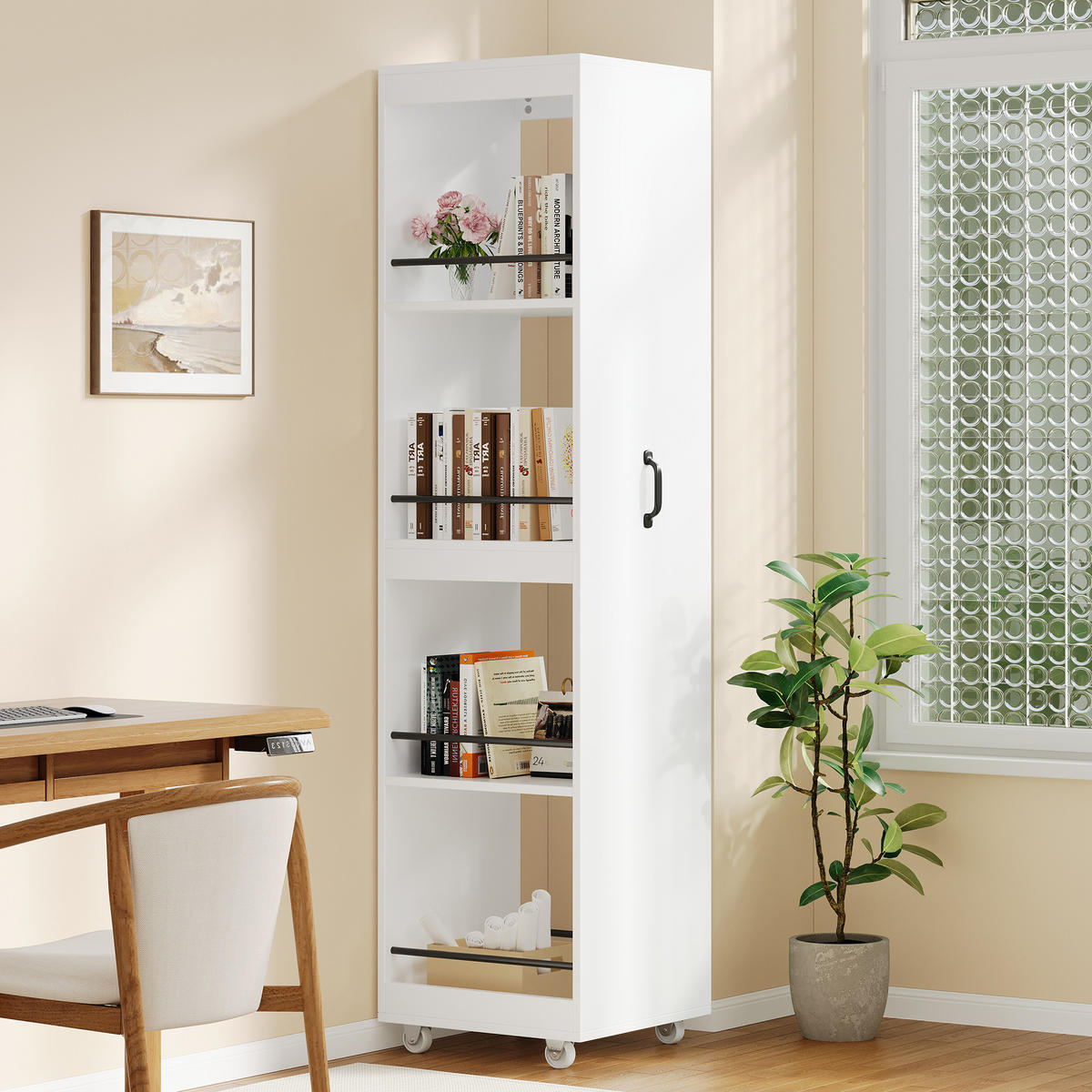 BÜCHERREGAL Hochregal 160cm mit Rollen Platzsparend Modern - Weiß, Holzwerkstoff (40/160.5/30cm) - FLIEKS
