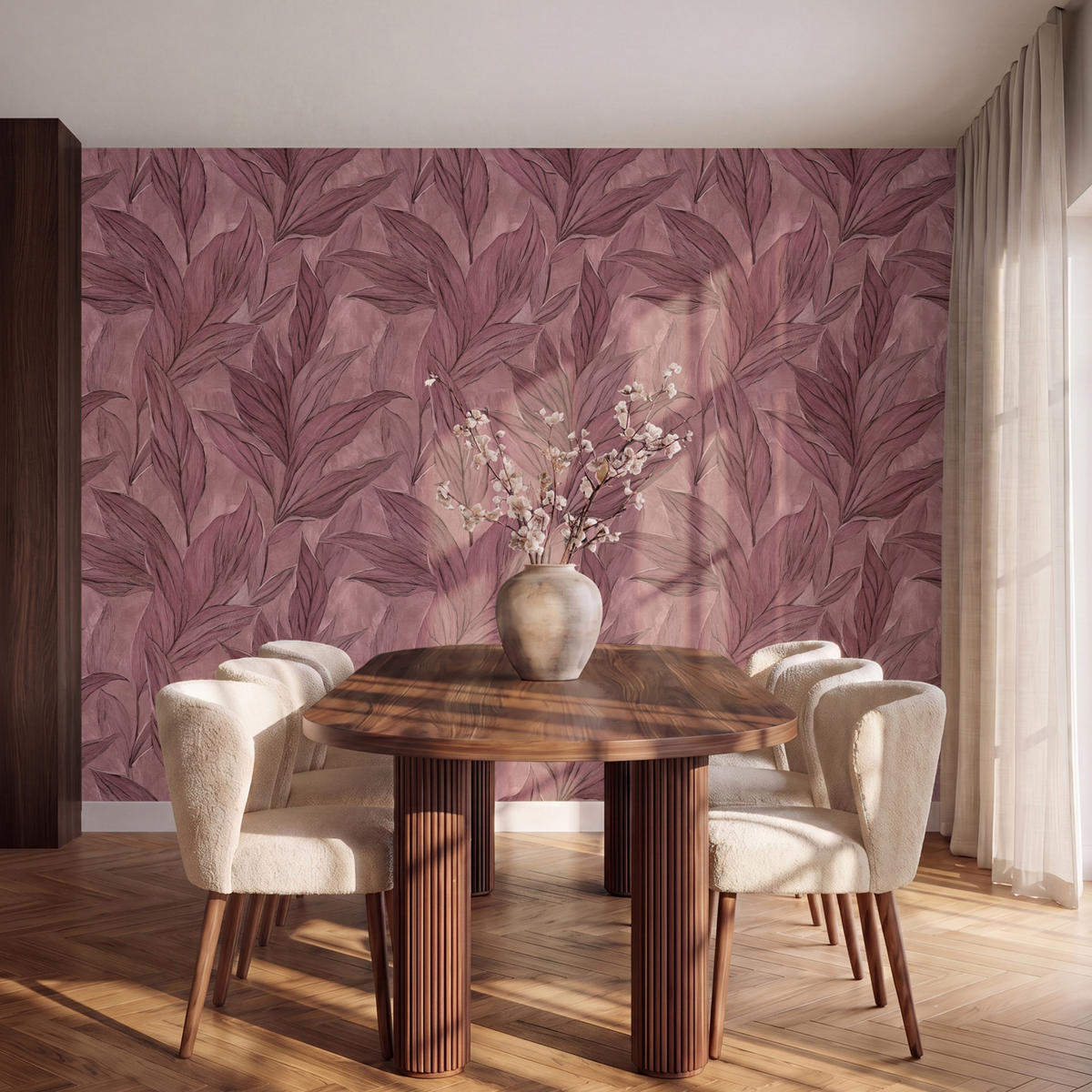 TAPETE - Blätter - Muster - Lila - 280x200 cm - Altrosa, Papier (280/200cm) - OnlyWow