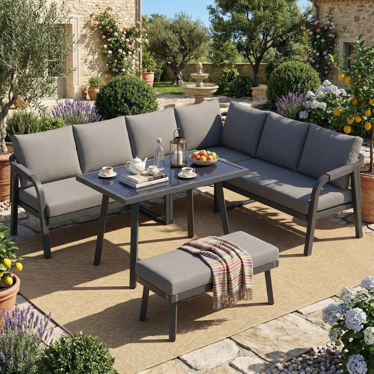 GARTEN-ESSGRUPPE 8 Personen Ecksofa Esstisch Bank Stahl Grau - Grau, Textil - FLIEKS