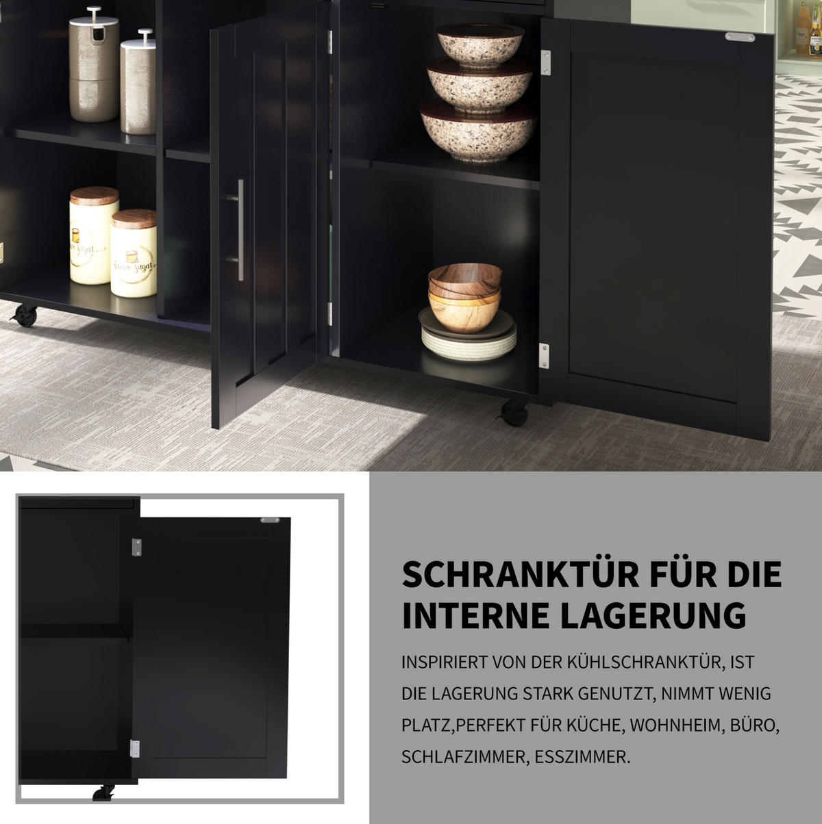 KÜCHENINSEL 129x71x91.5cm Schwarz mit Ausziehplatte, Schubladen & Rollen/Füßen - Schwarz, Holzwerkstoff (129/91.5/71cm) - Modfu
