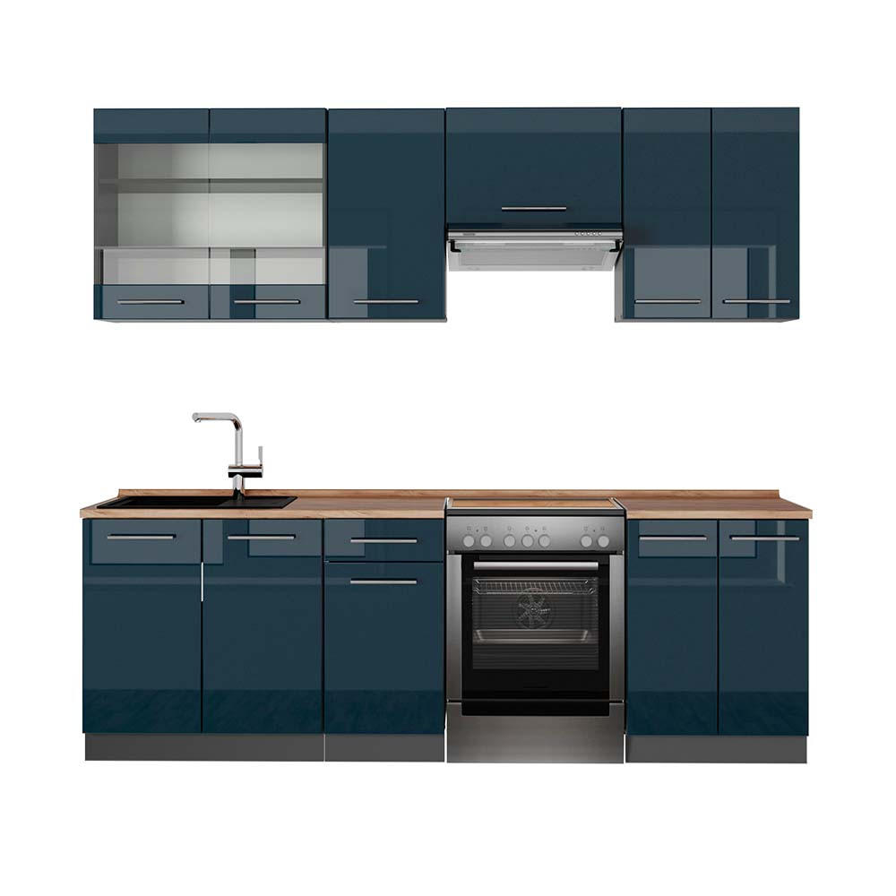 KÜCHENZEILE Fame-Line Dunkelblau Hochglanz/Anthrazit 240 cm, AP Eiche - Anthrazit/Dunkelblau, Holzwerkstoff (240/81.6/60cm) - Vicco