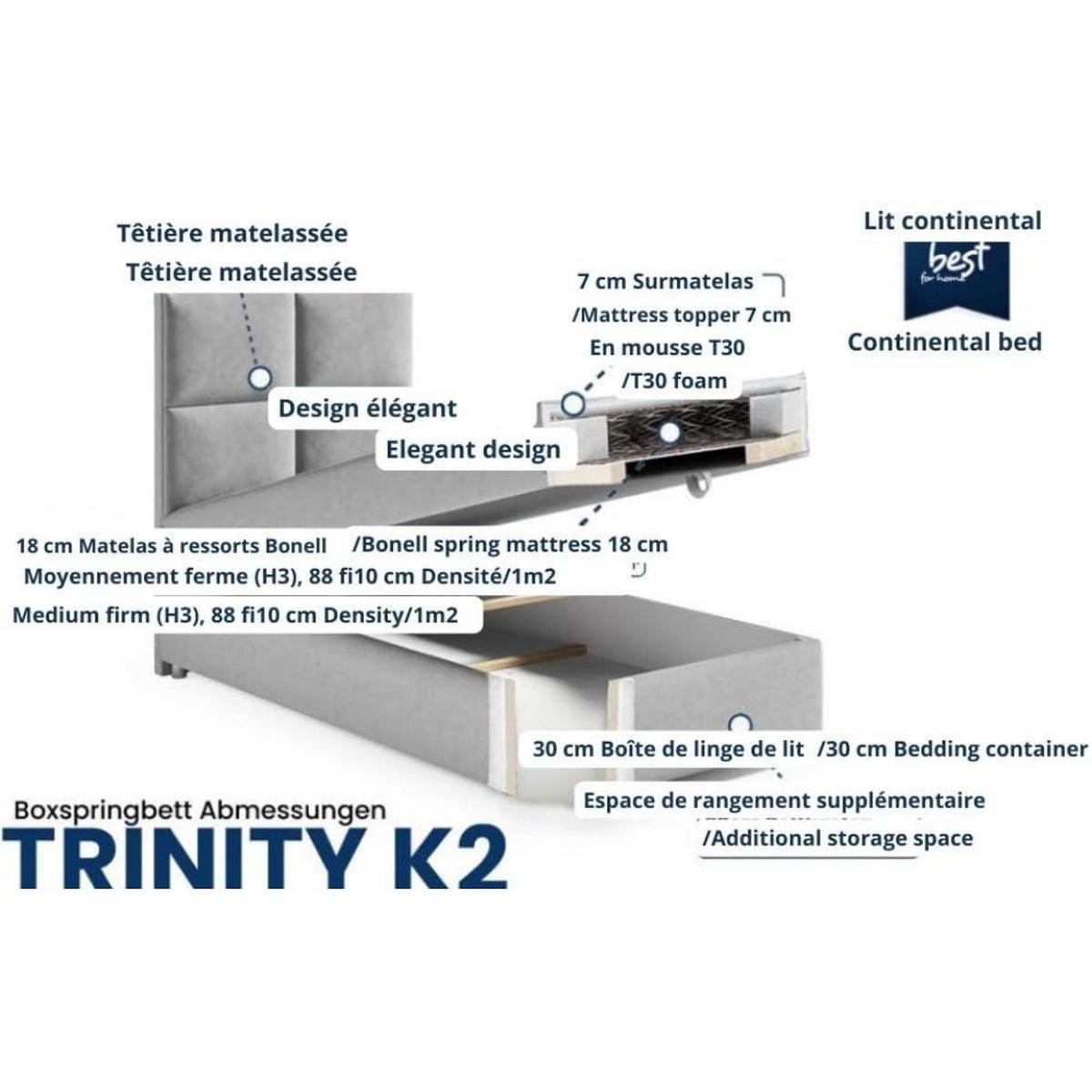 BOXBETT mit Bettkasten Trinity K-2 SINGLE Bonellfederkern inkl. Topper - Silberfarben, Holz/Holzwerkstoff (90/200cm) - Best For Home
