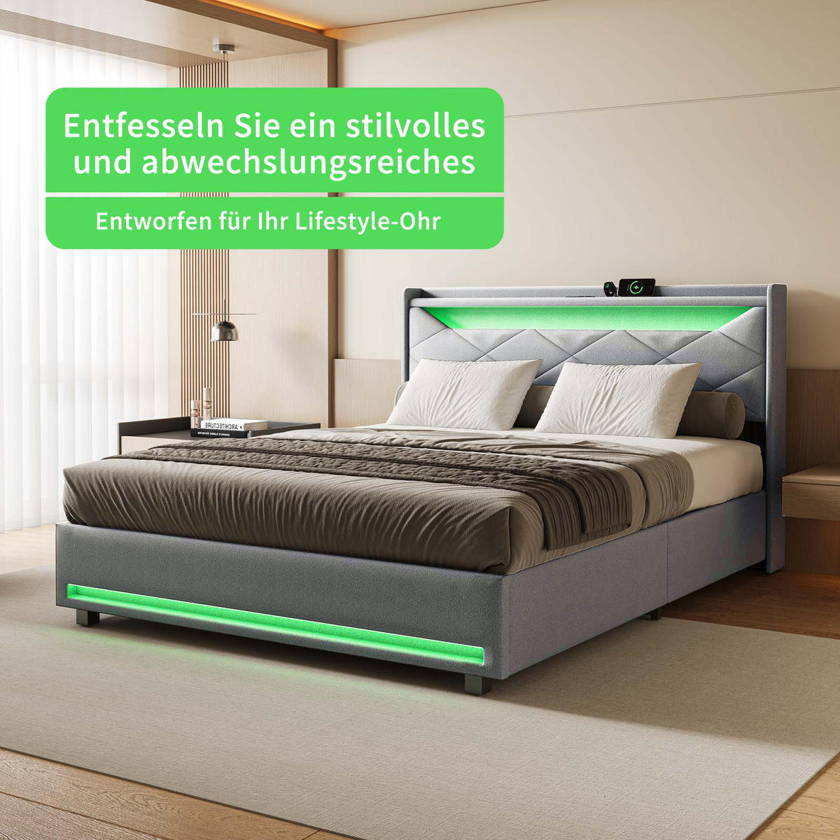 POLSTERBETT 140x200 cm LED Stauraum Lattenrost gepolstert grau - Grau, Holz (140/200cm) - LEBENLANG