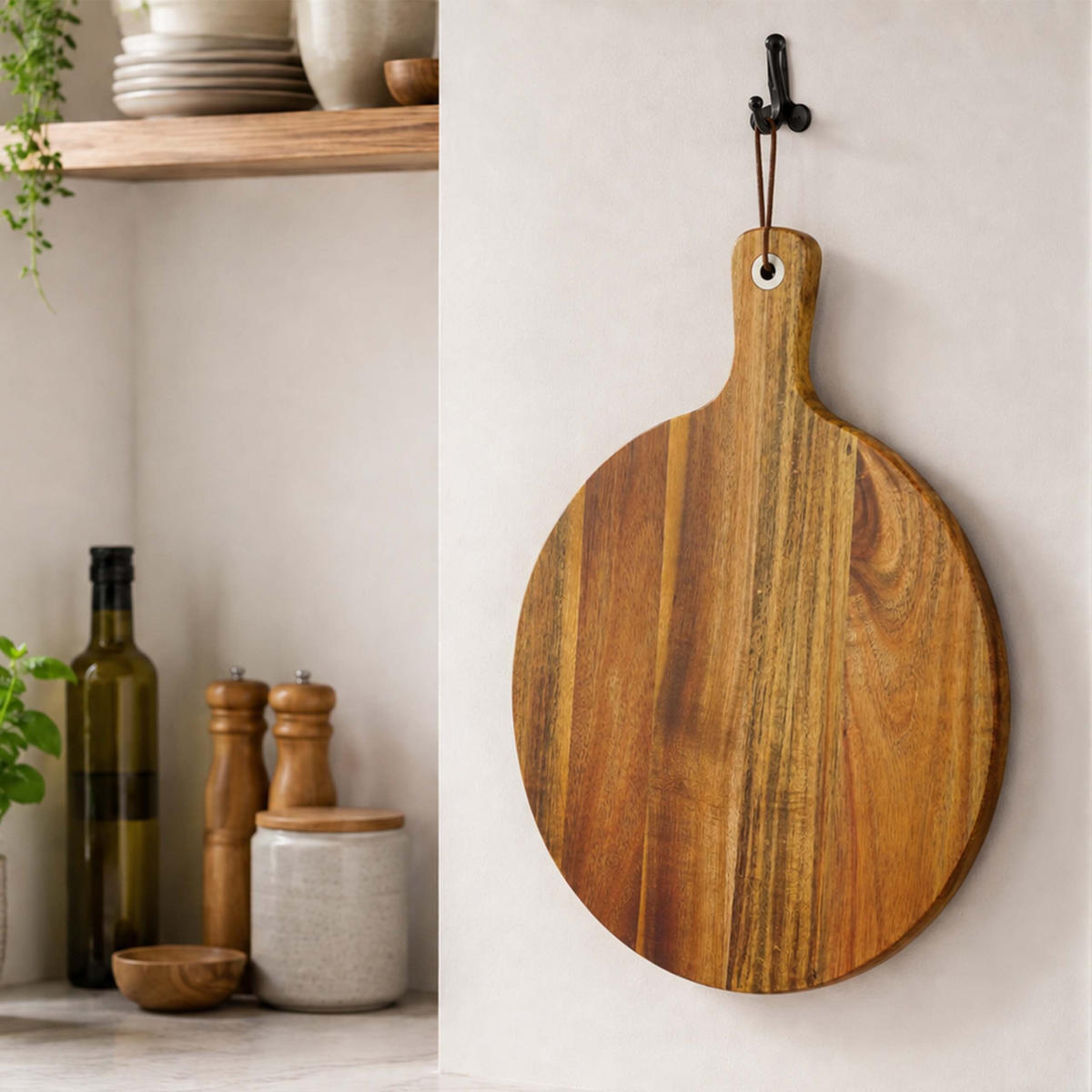 PIZZABRETT Natur Akazienholz mit Griff 28 cm - Hellbraun, Holz/Metall (28/37.5cm) - Relaxdays