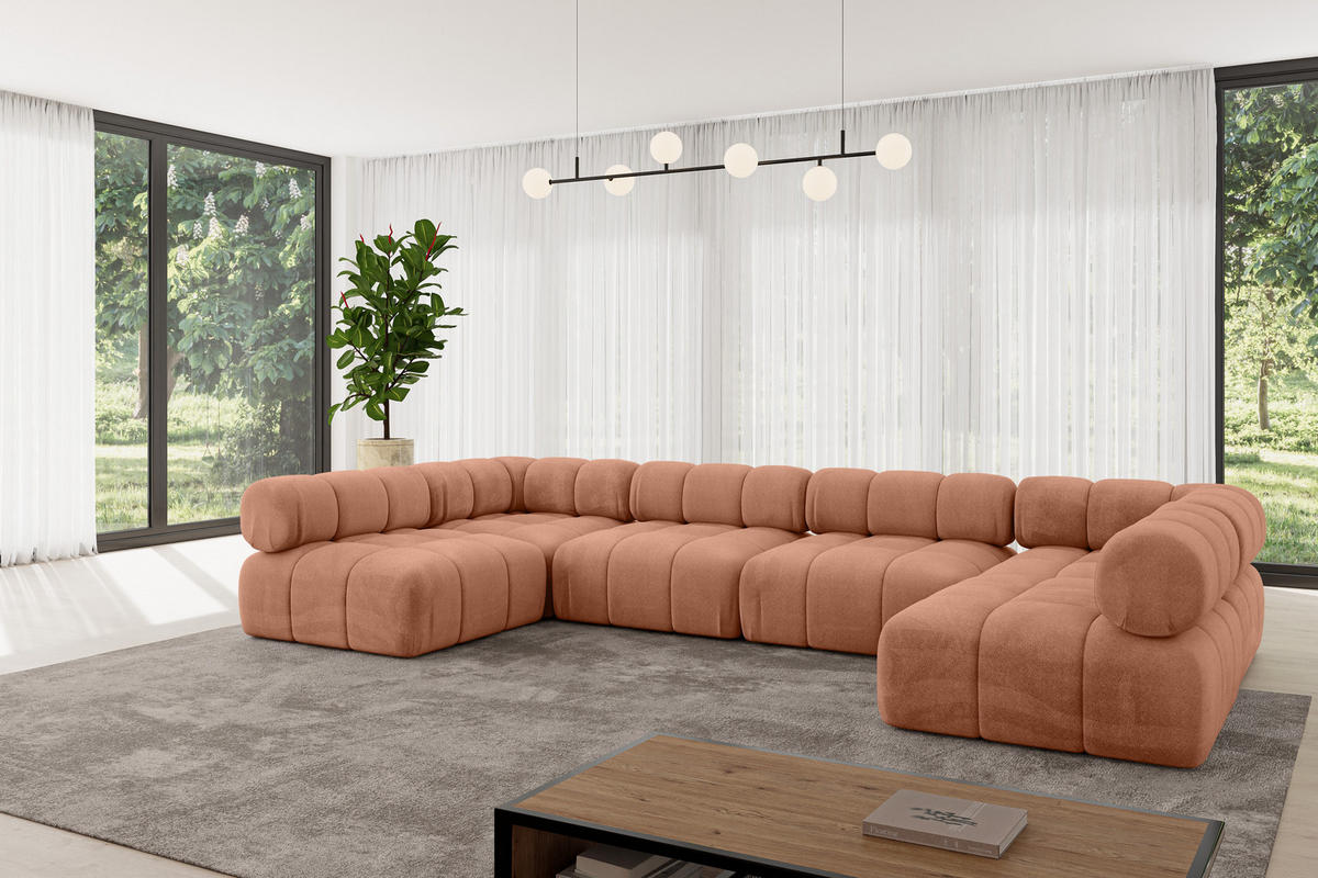 WOHNLANDSCHAFT modulares Sofa Garvo-U2 - 380x190x70 cm Apricot Velours - Koralle, Holzwerkstoff/Textil (380/70/190cm) - ALTDECOR