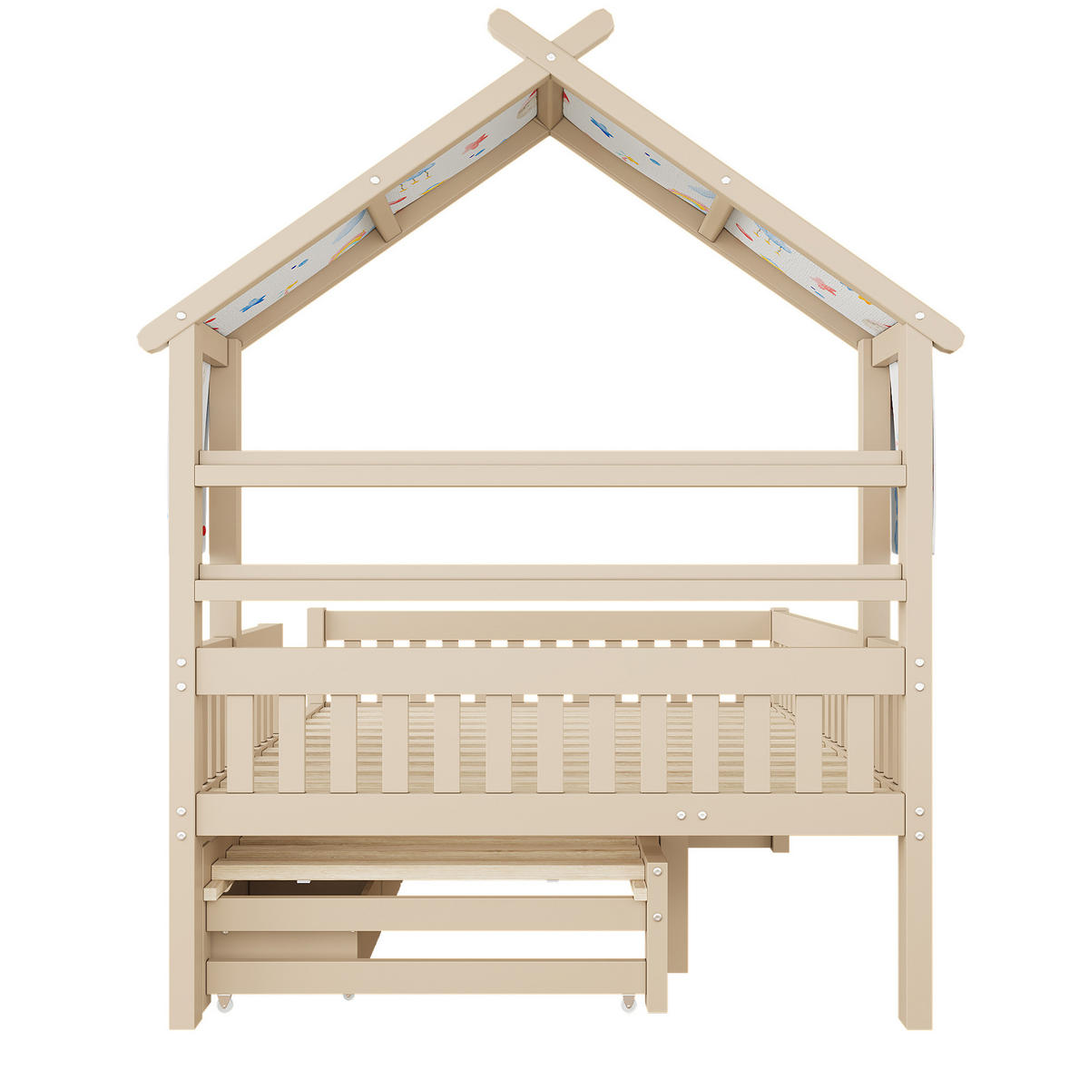 BETT 140/200 cm in Cream aus Kiefer, MDF und Sperrholz mit Ausziehbett, 3 Schubladen und Schutzgitter - Creme, Holz/Holzwerkstoff (140/200cm) - WISHDOR