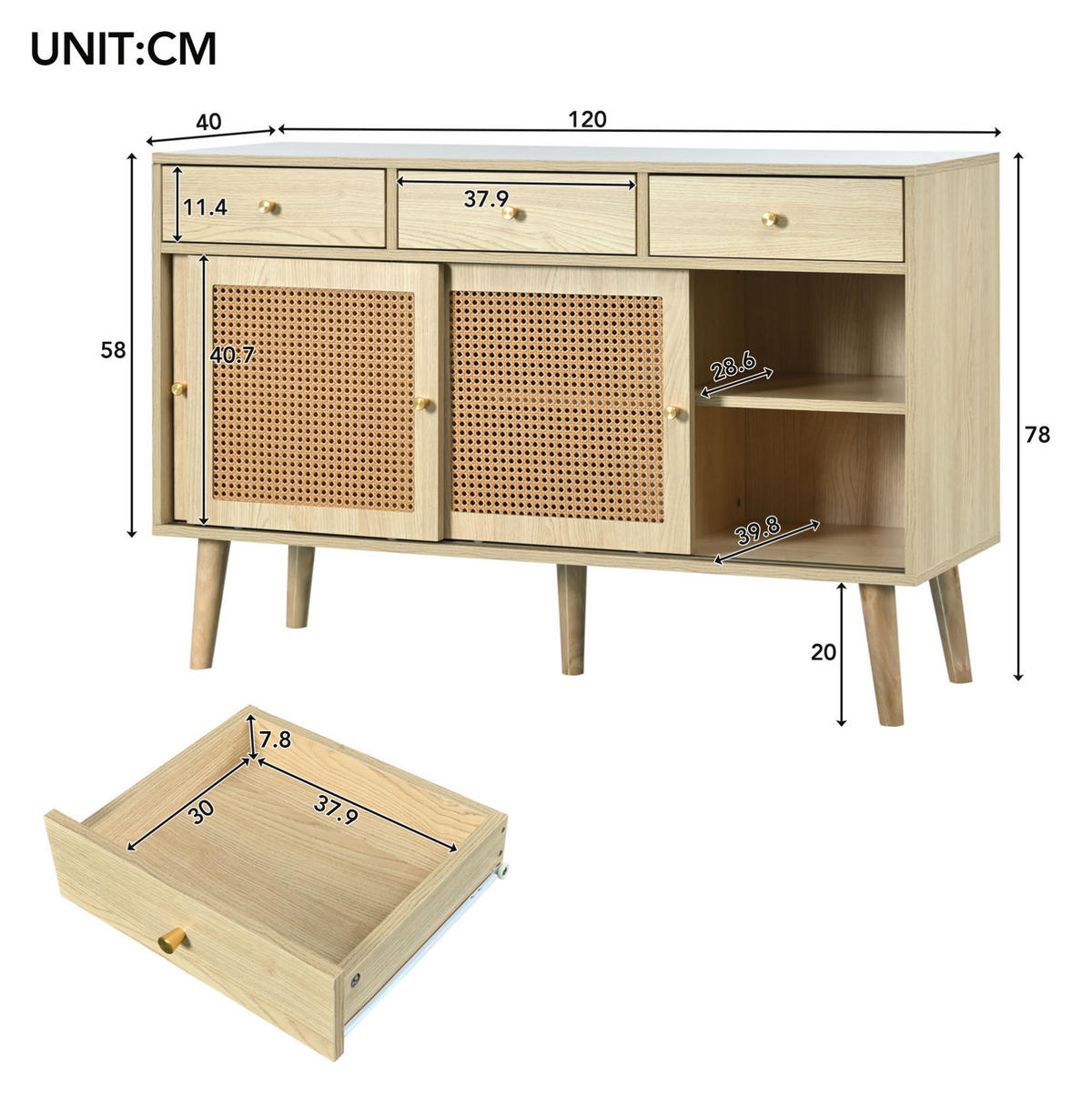 SIDEBOARD 120/40/78 cm s 3 zásuvkami a 3 dvierkami, nastaviteľné police, FSC certifikát, Dub - farba duba, kompozitné drevo (40/78/120cm) - Redom