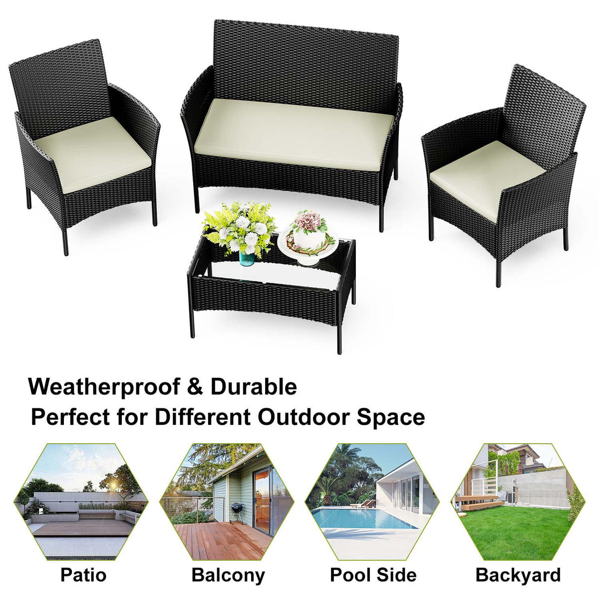 ECKSOFA Loungeset 4tlg Schwarz Gartensofa Set - Schwarz, Textil - Rattrix