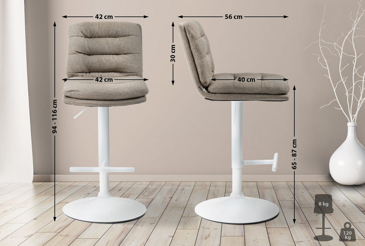 BARHOCKER TURIN Taupe Stoff Weiß - Taupe, Textil/Metall (42/94/56cm) - DELUKE