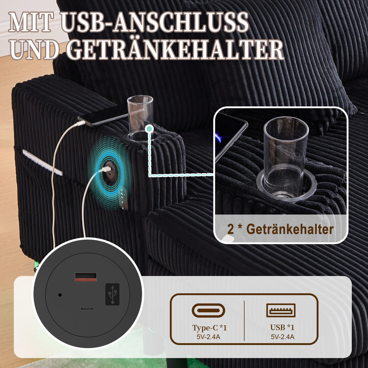 CHAISELONGUE 2-Sitzer Cord Schwarz mit LED, USB und Getränkehalter - Schwarz, Holzwerkstoff/Kunststoff (128/85/142cm) - WISHDOR