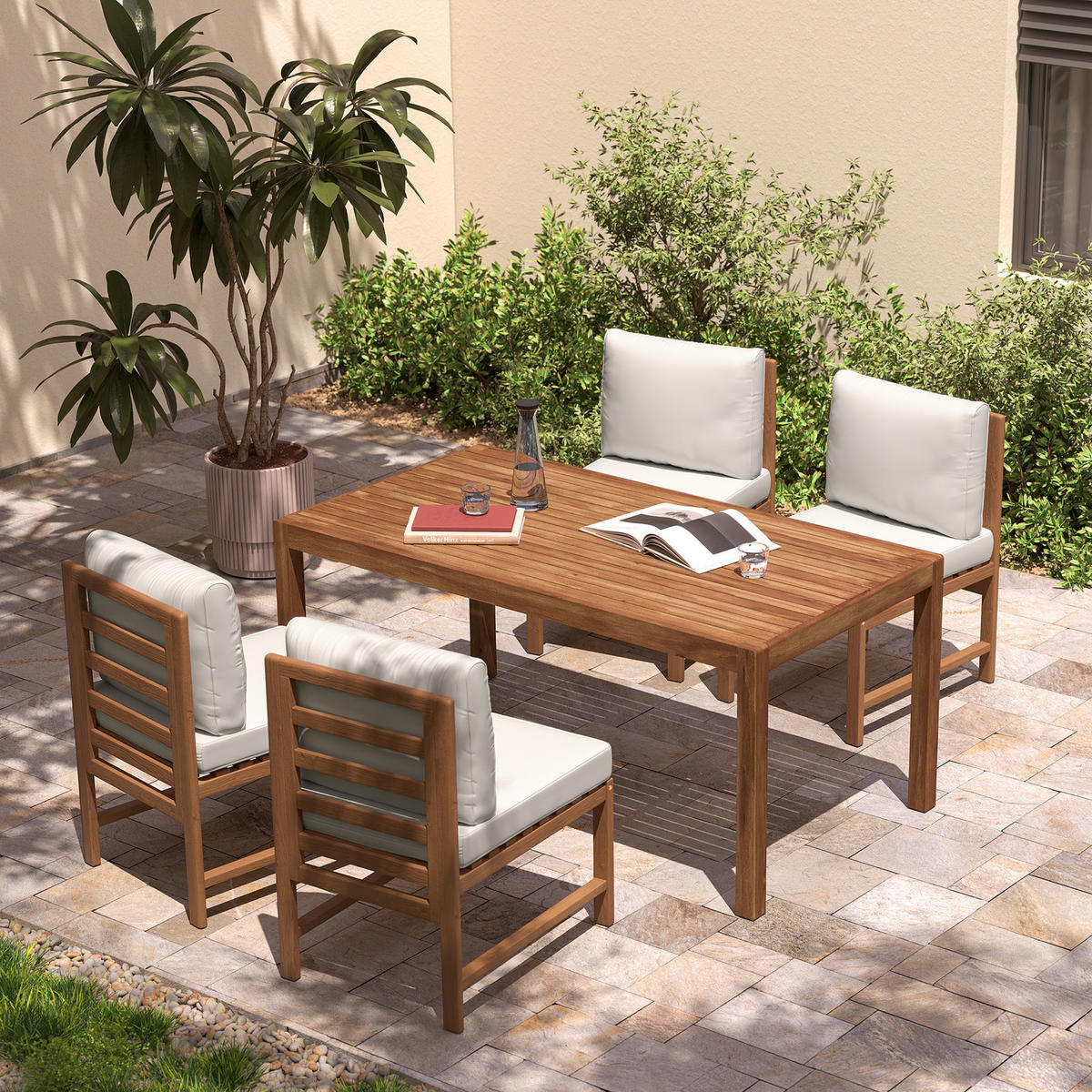 DINING-LOUNGESET - 5-teilig - Akazie massiv / Polyester - Braun / Beige - Beige/Braun, Holz/Textil - home24