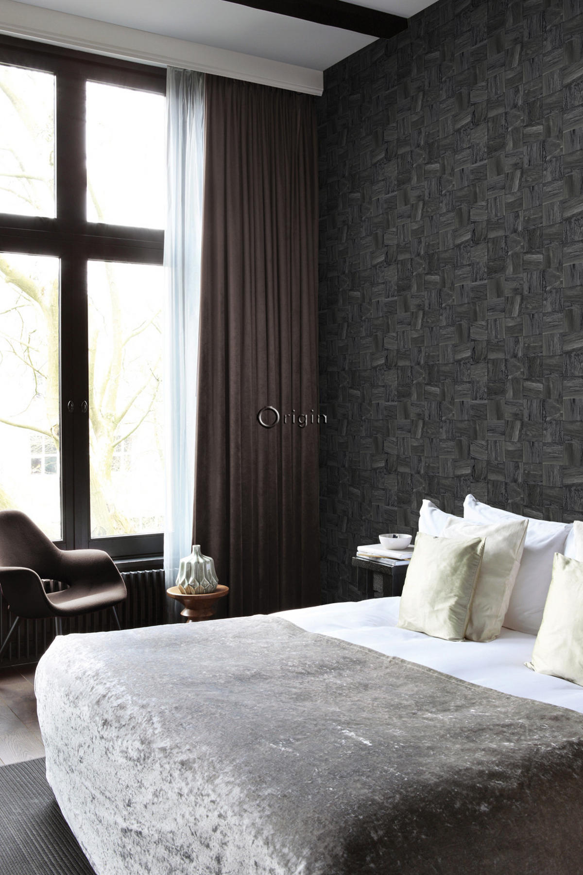 TAPETE quadratische Holzstücke 53 cm x 10.05 m - Schwarz, Papier (53/1000cm) - Origin Wallcoverings