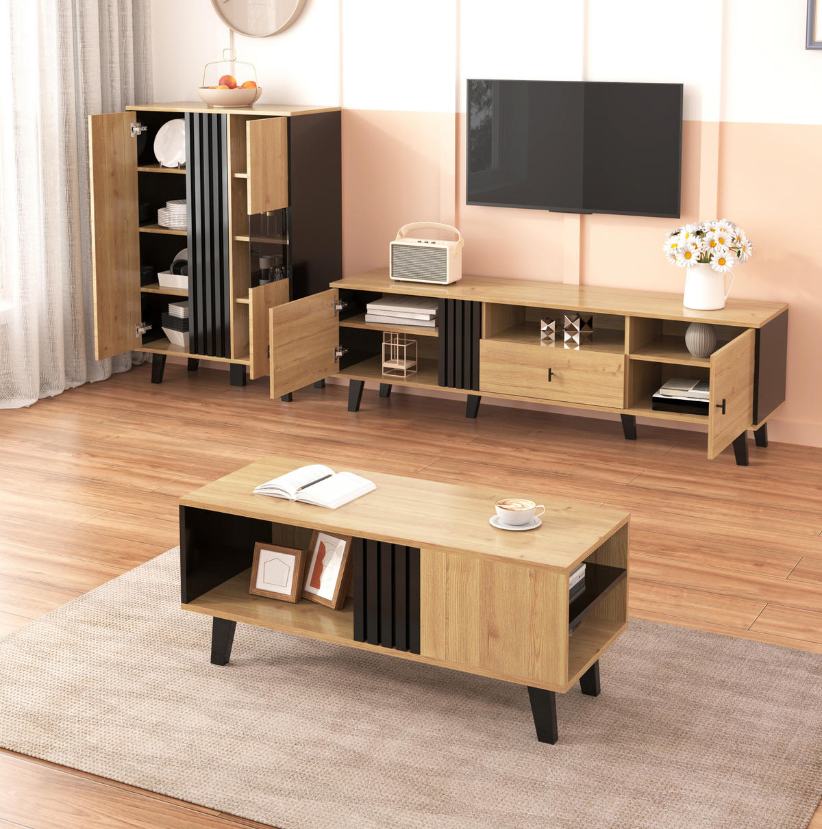 SIDEBOARD 140/41/78,5 cm Natur/Schwarz aus Glas und Spanplatte mit LED - Naturfarben, Holzwerkstoff (140/78/41cm) - OKWISH
